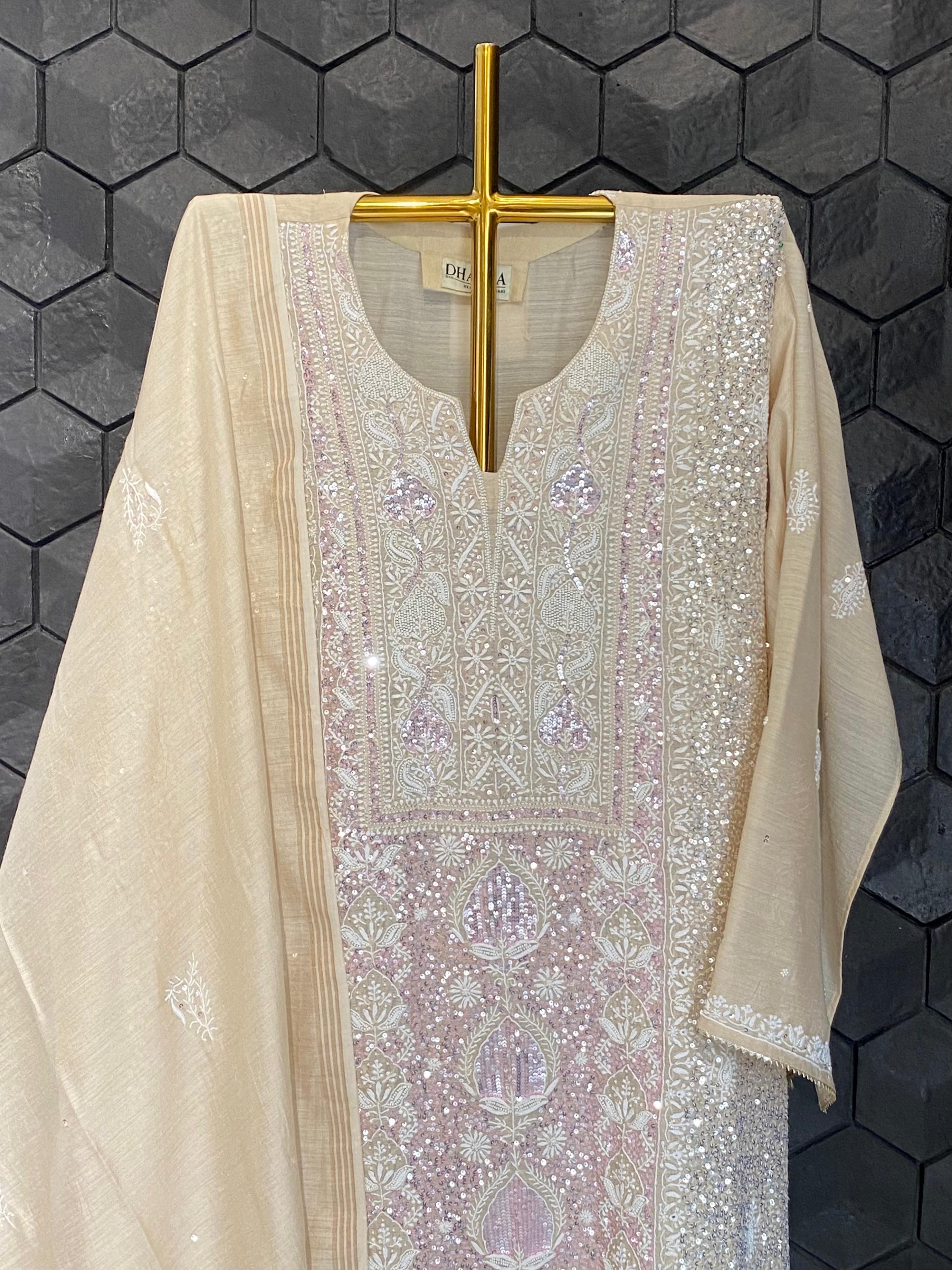 Beige munga silk chikankari kurta set