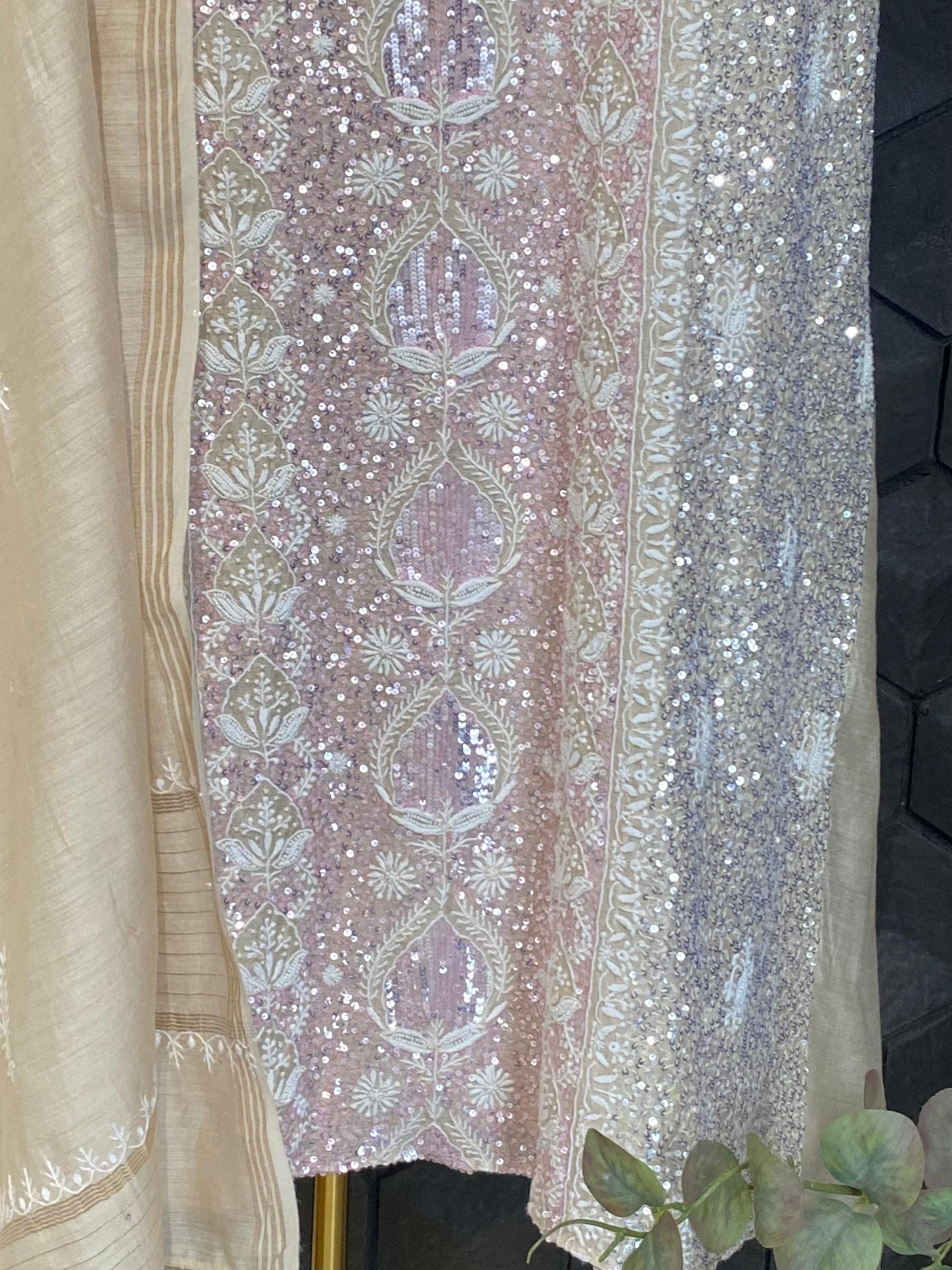 Beige munga silk chikankari kurta set