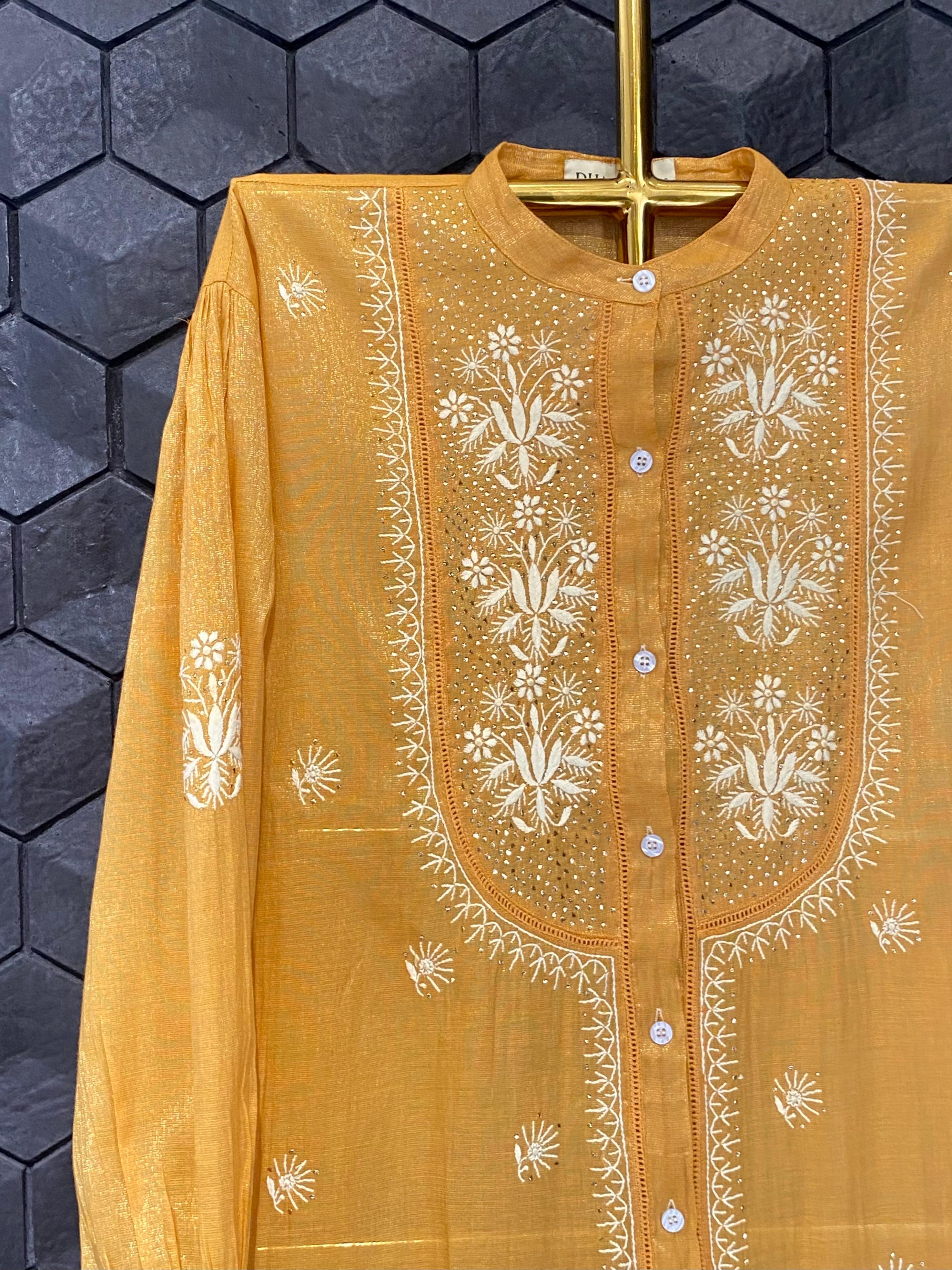 Mustard Tissue Chikankari Mukaish Shirt