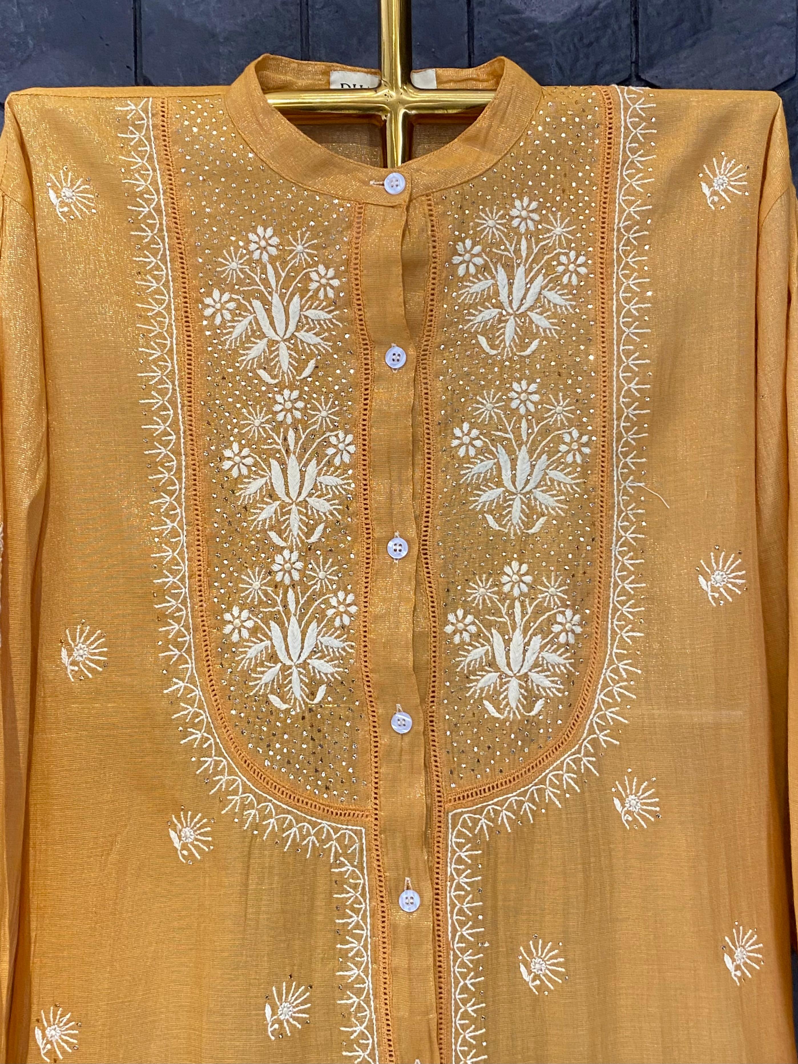 Mustard Tissue Chikankari Mukaish Shirt