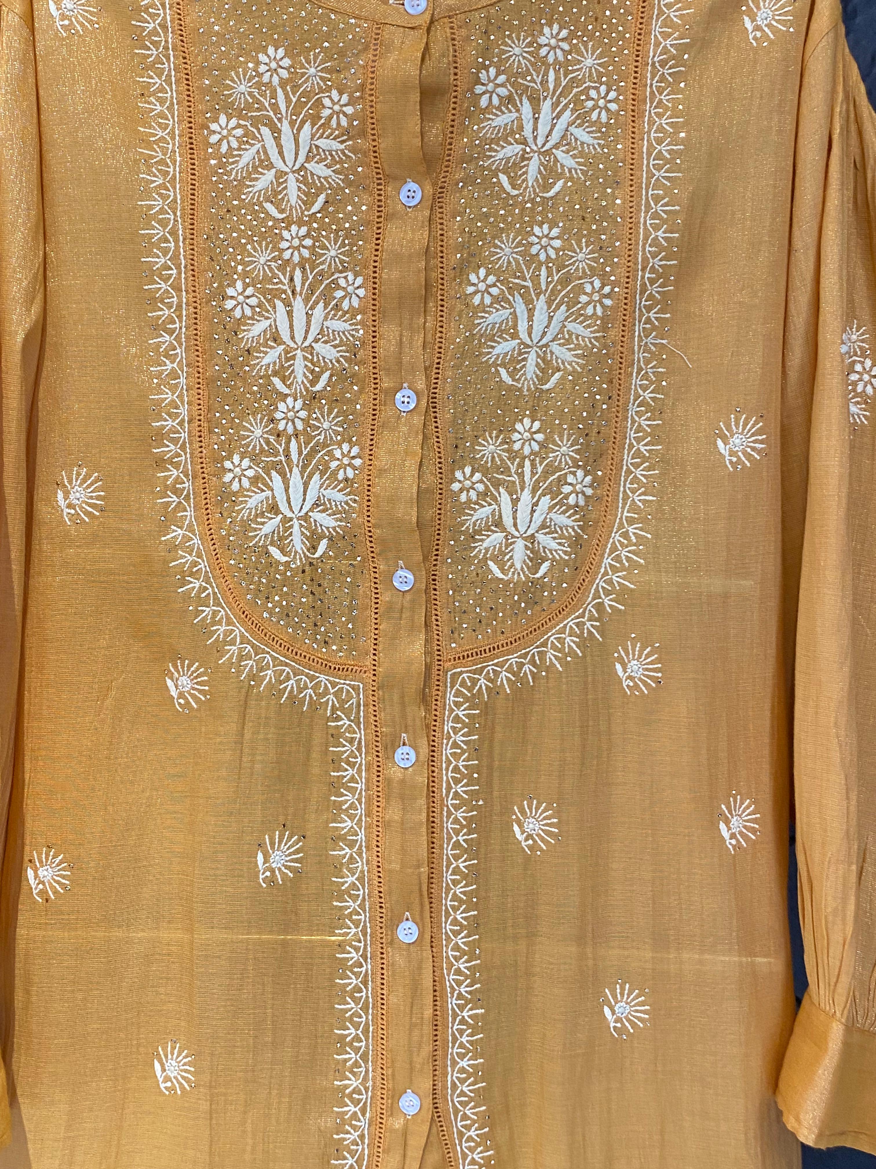Mustard Tissue Chikankari Mukaish Shirt