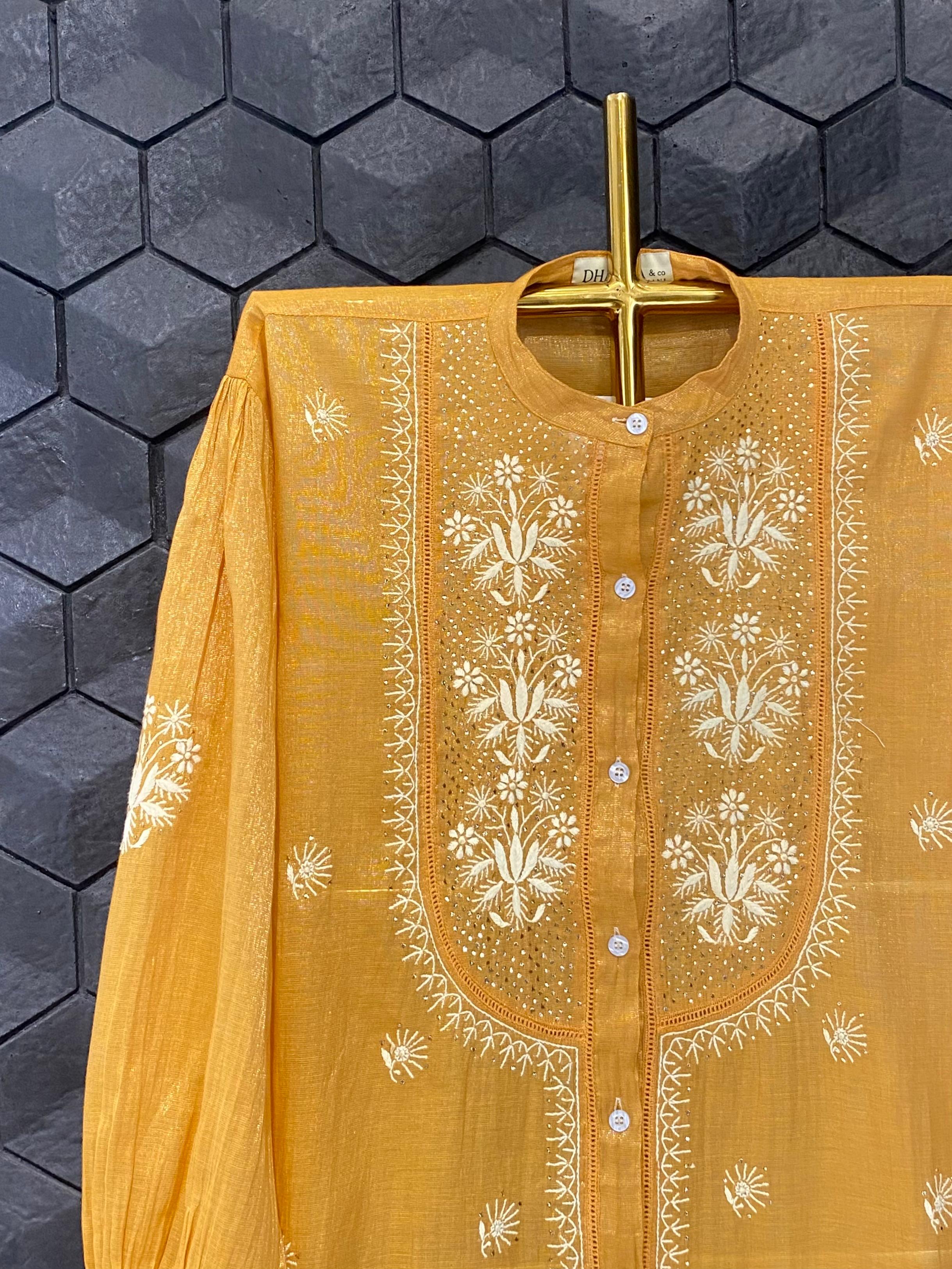 Mustard Tissue Chikankari Mukaish Shirt