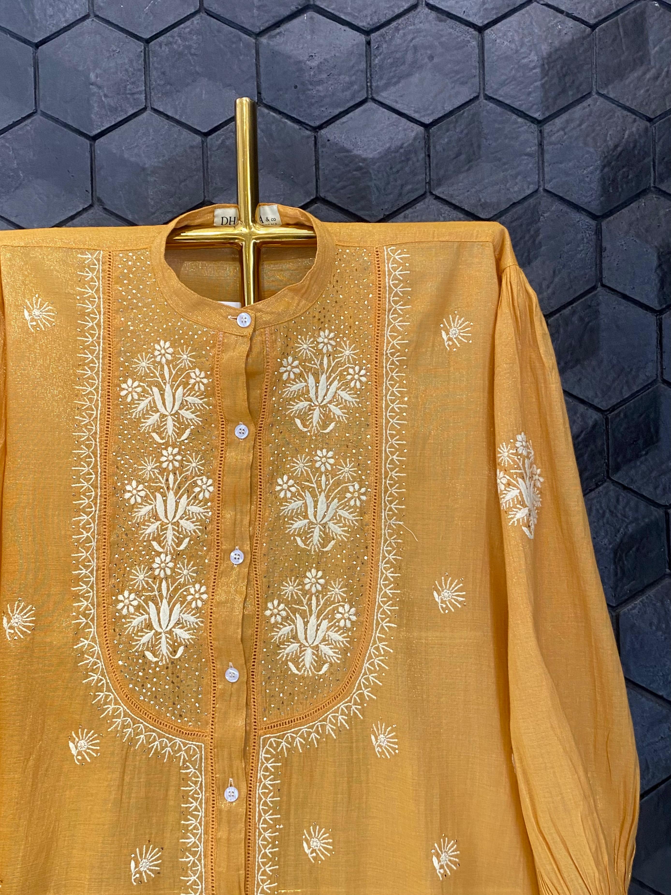 Mustard Tissue Chikankari Mukaish Shirt