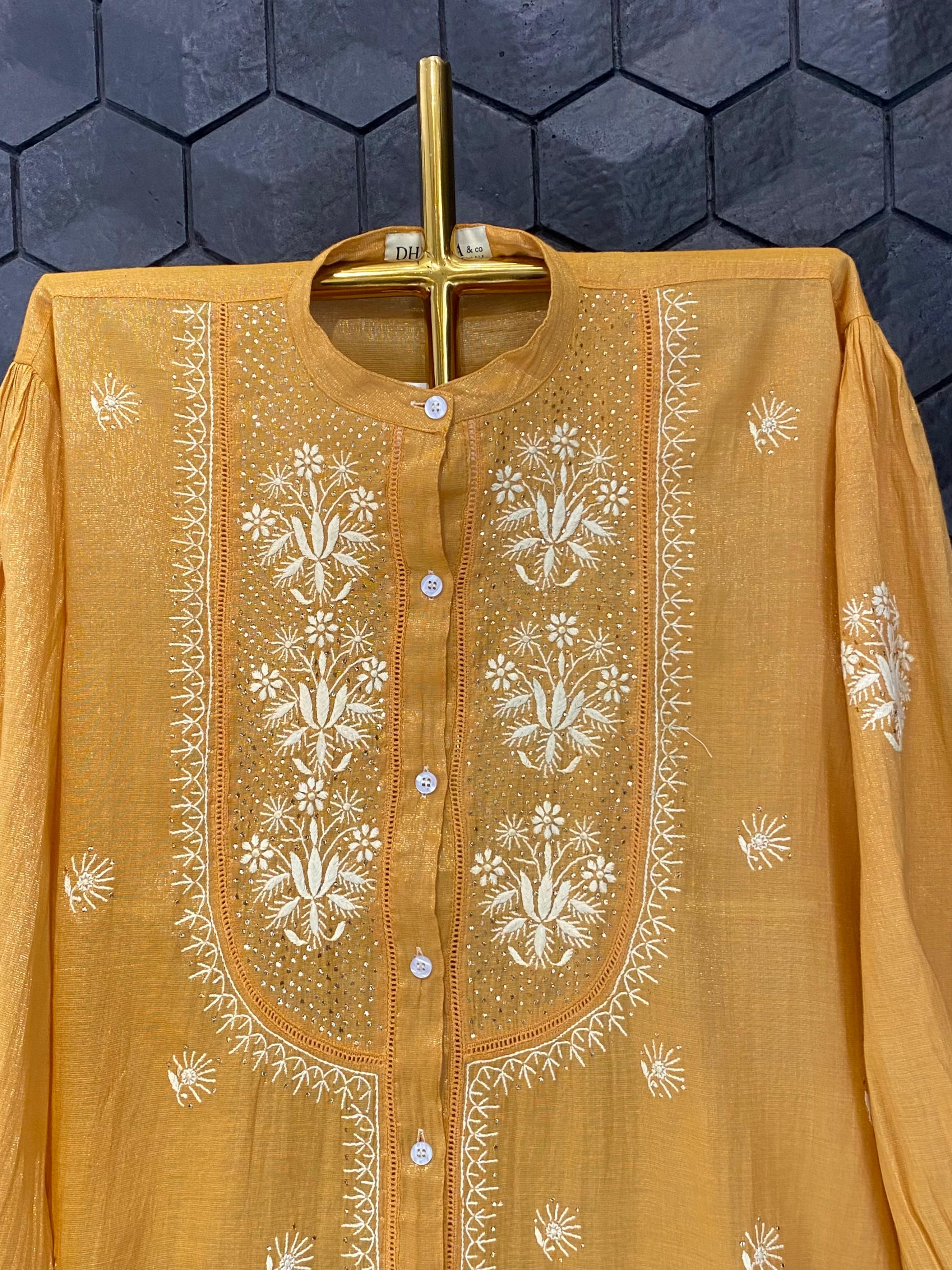 Mustard Tissue Chikankari Mukaish Shirt