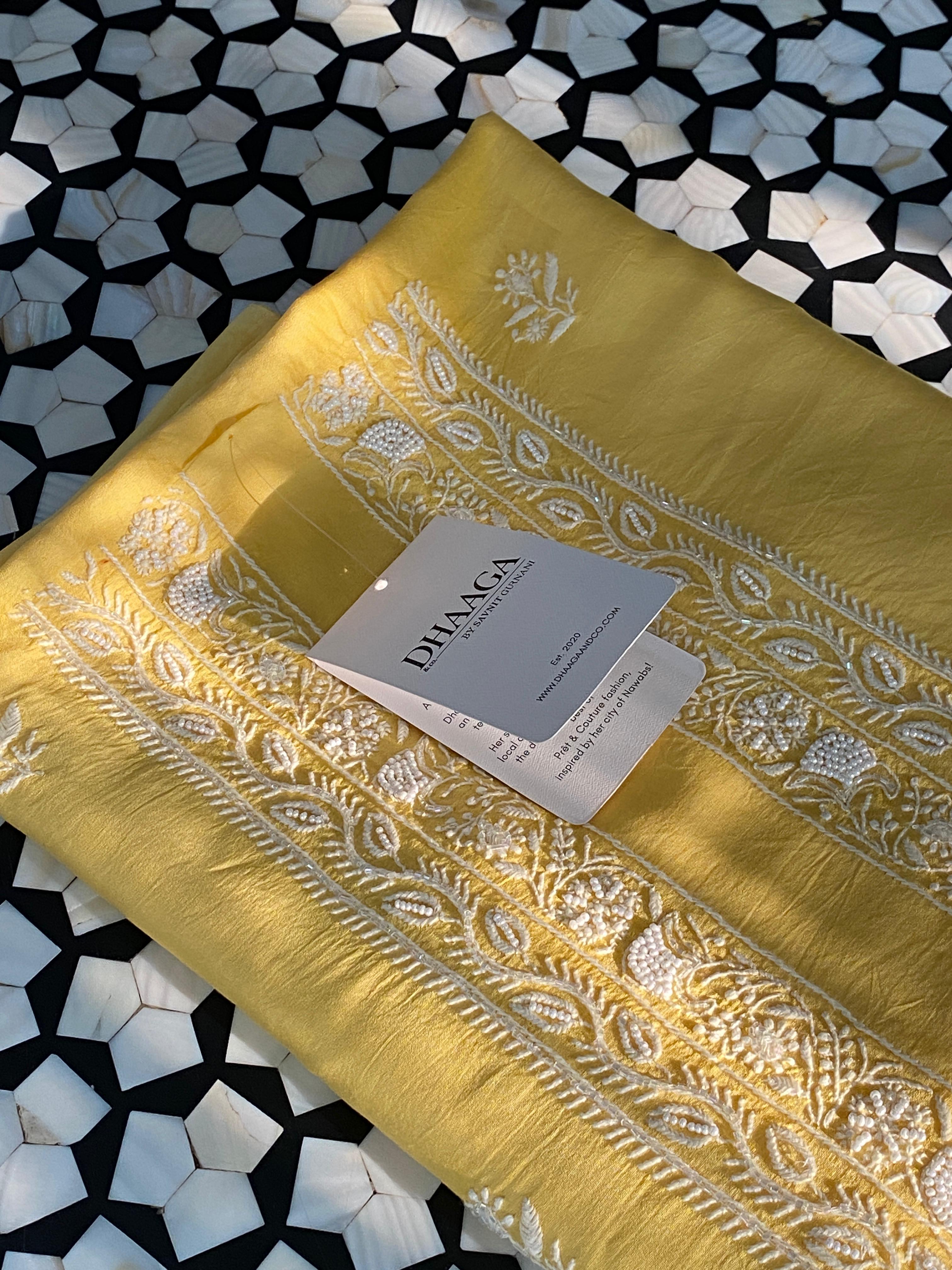 Yellow chanderi chikankari men kurta