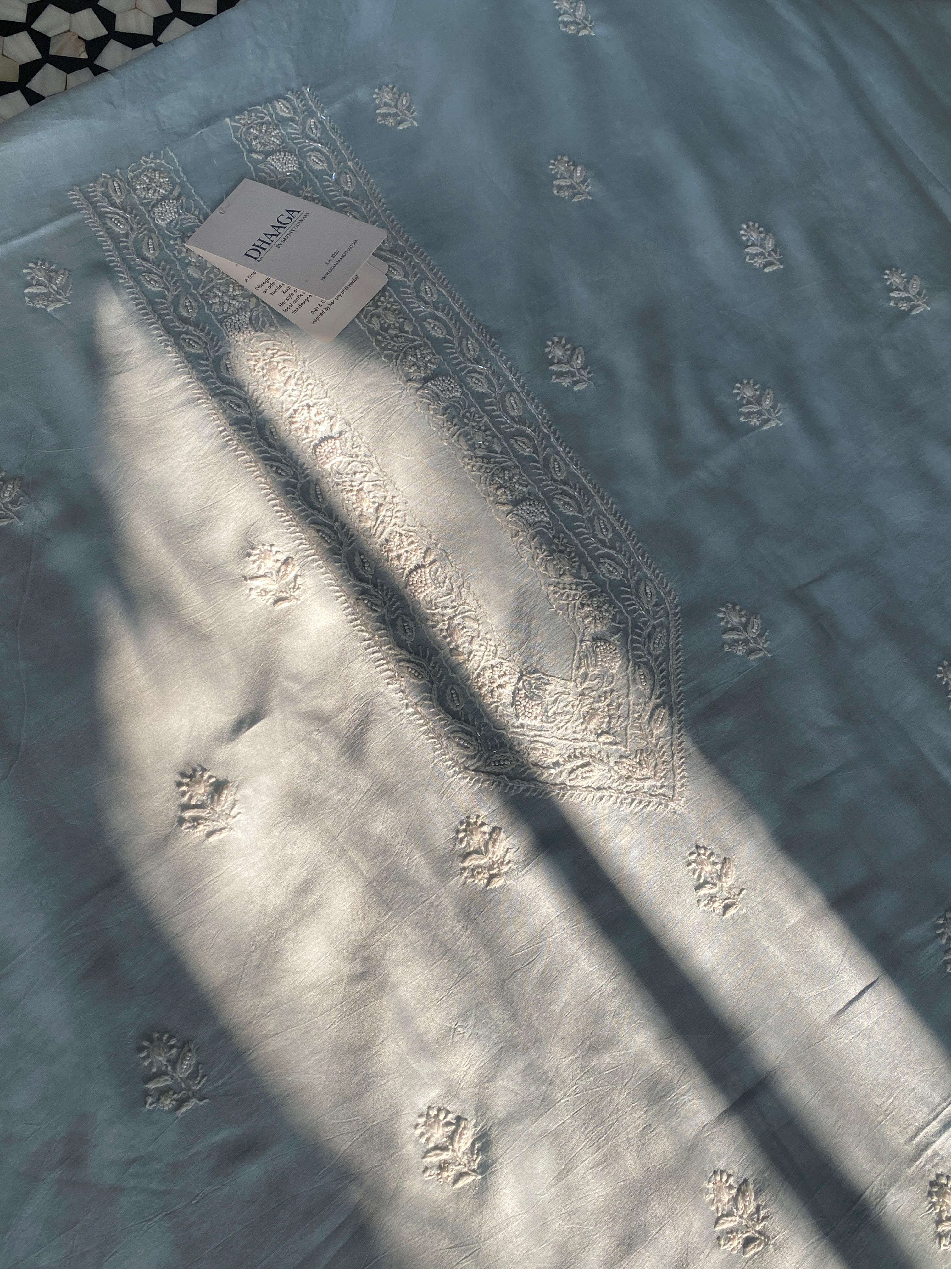 Sky Blue Mul Chanderi chikankari mens kurta