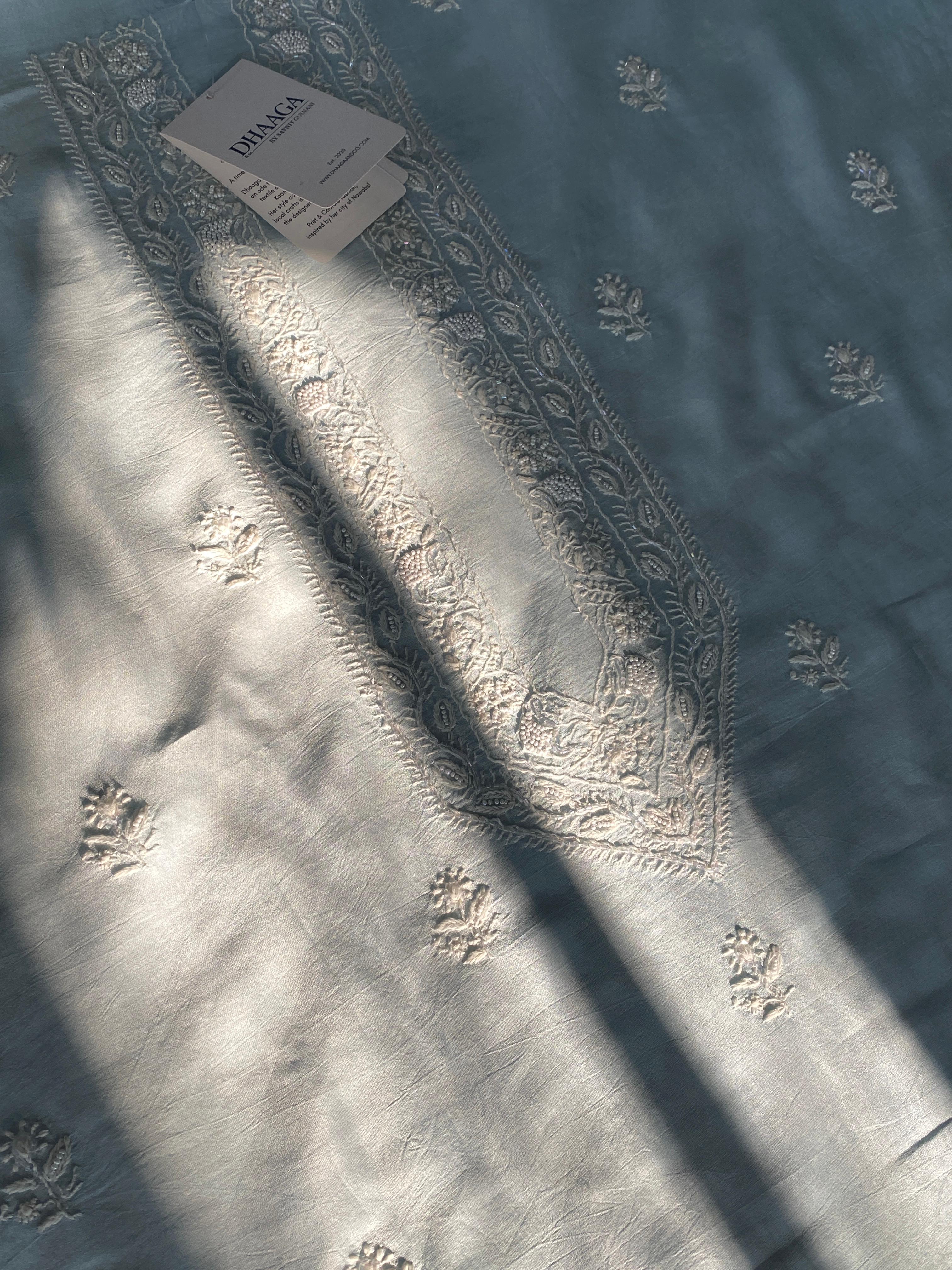 Sky Blue Mul Chanderi chikankari mens kurta