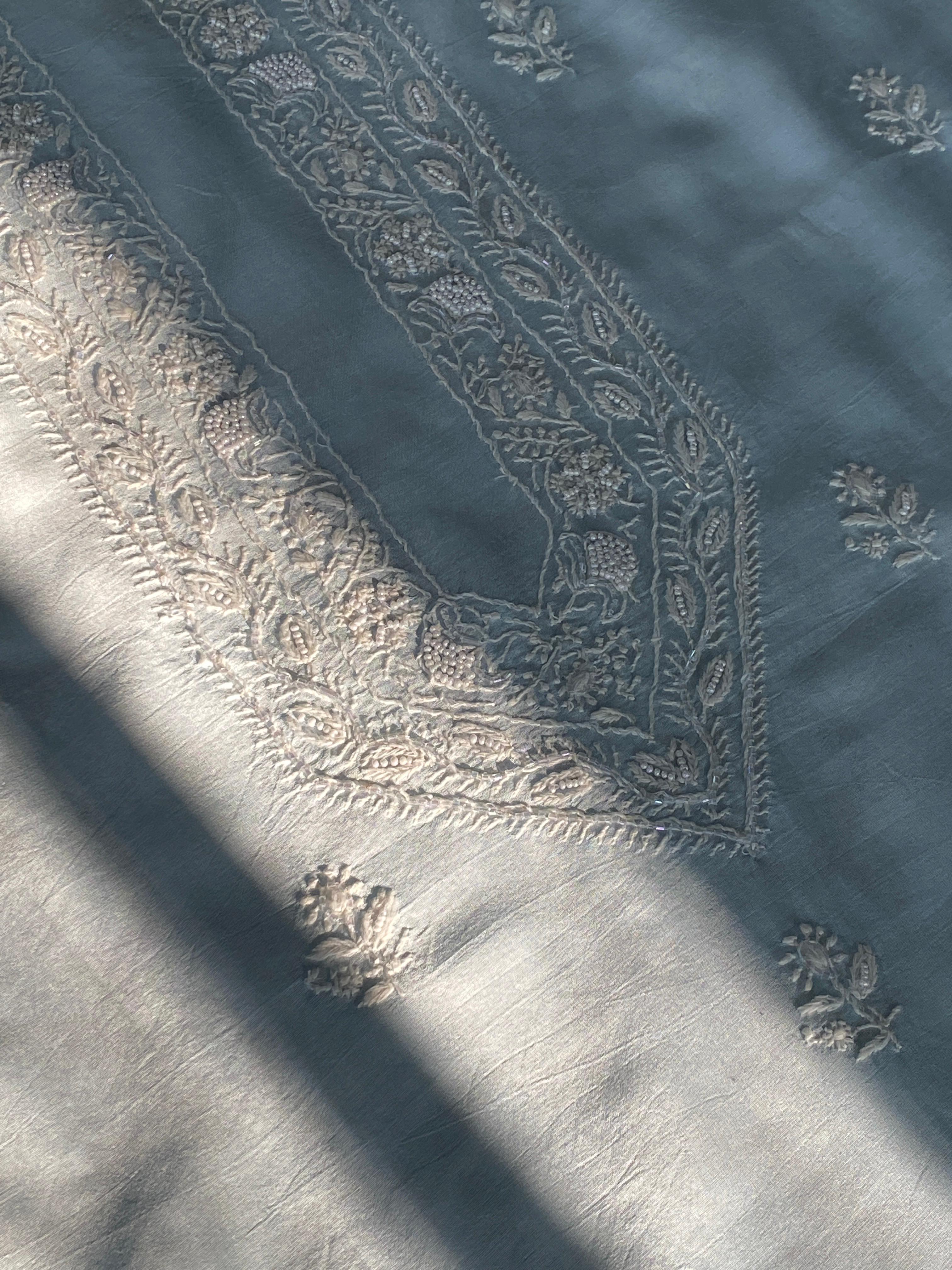 Sky Blue Mul Chanderi chikankari mens kurta