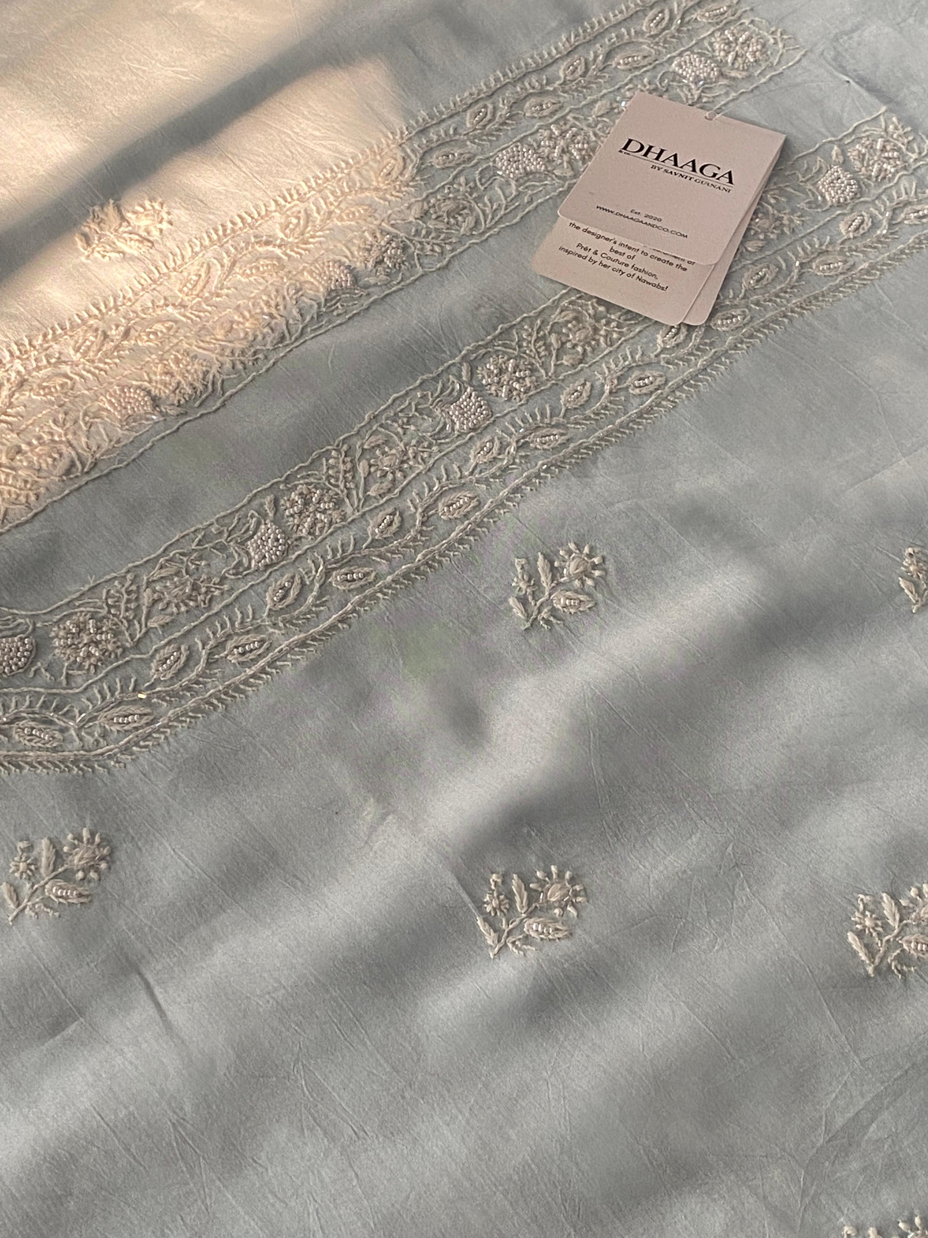 Sky Blue Mul Chanderi chikankari mens kurta