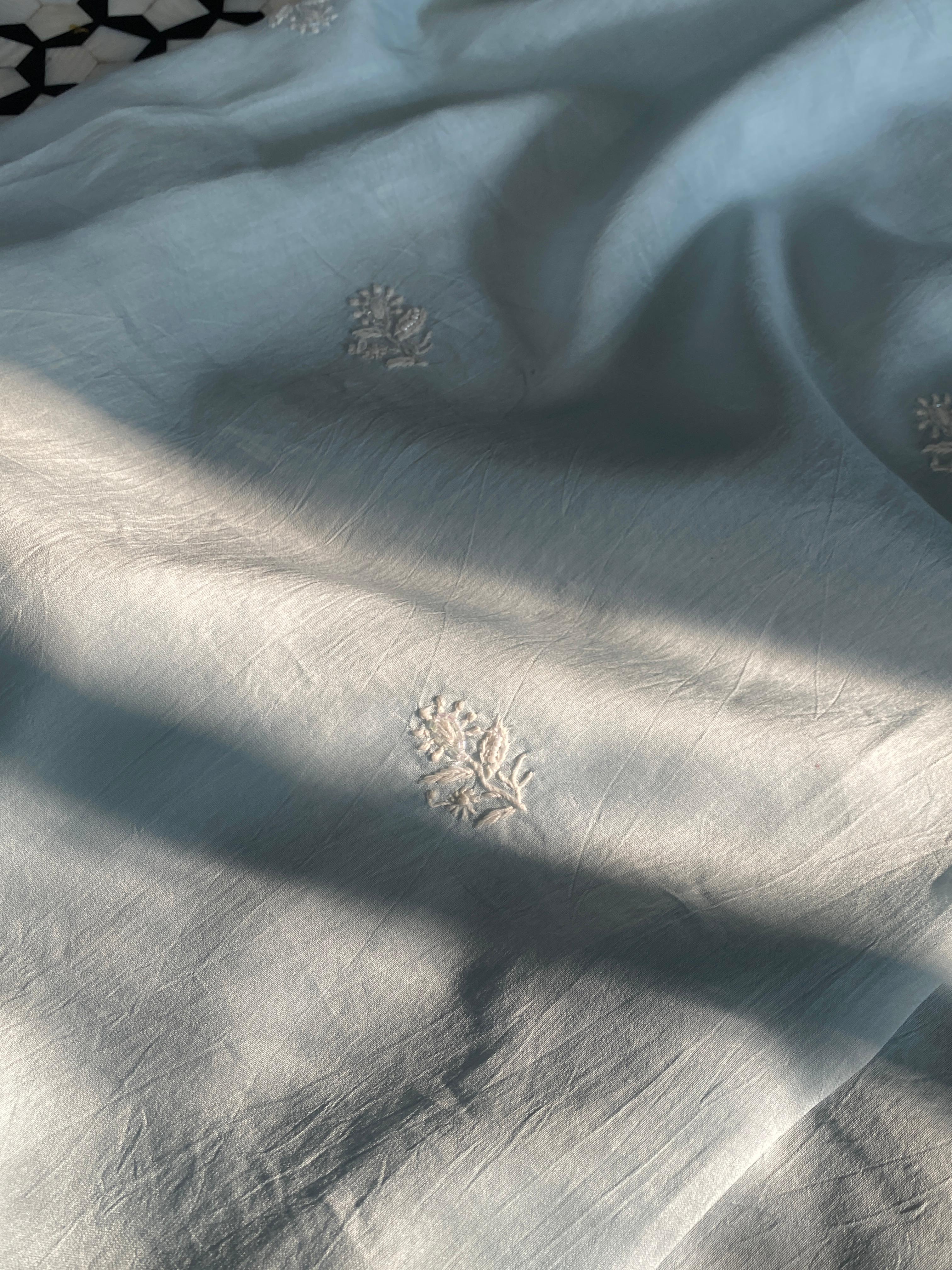 Sky Blue Mul Chanderi chikankari mens kurta