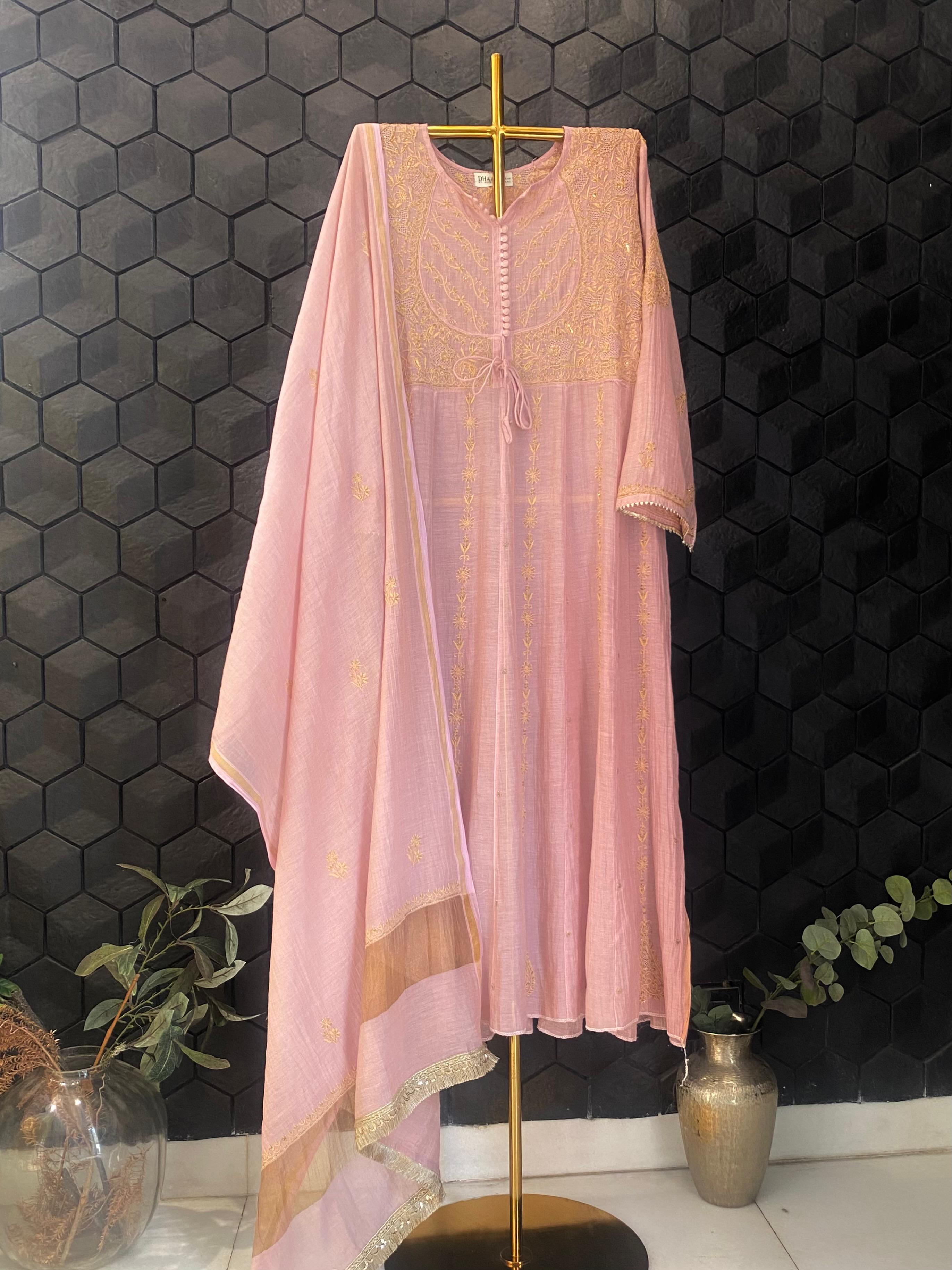 Pink tissue chikankari anarkali set