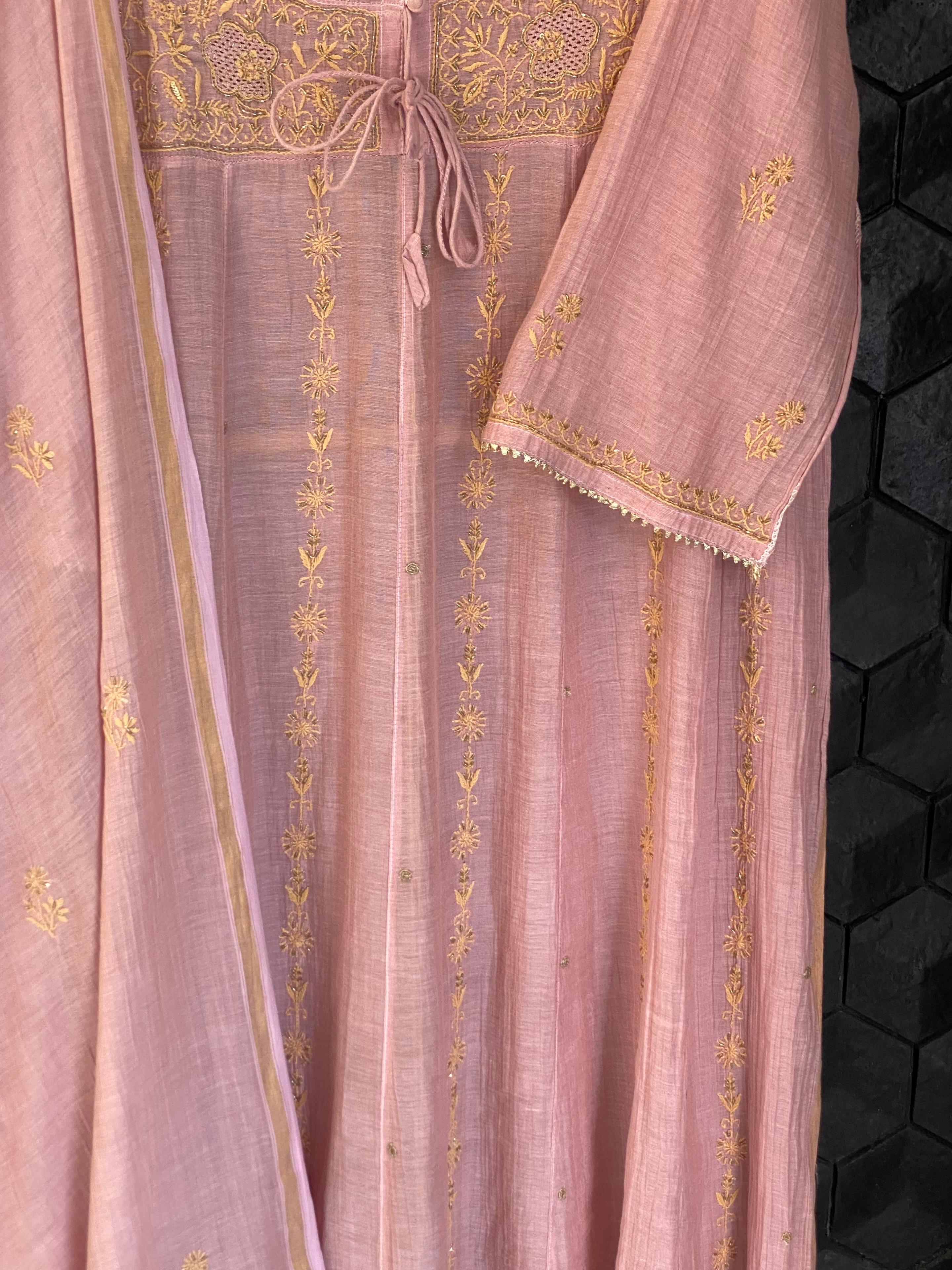 Pink tissue chikankari anarkali set