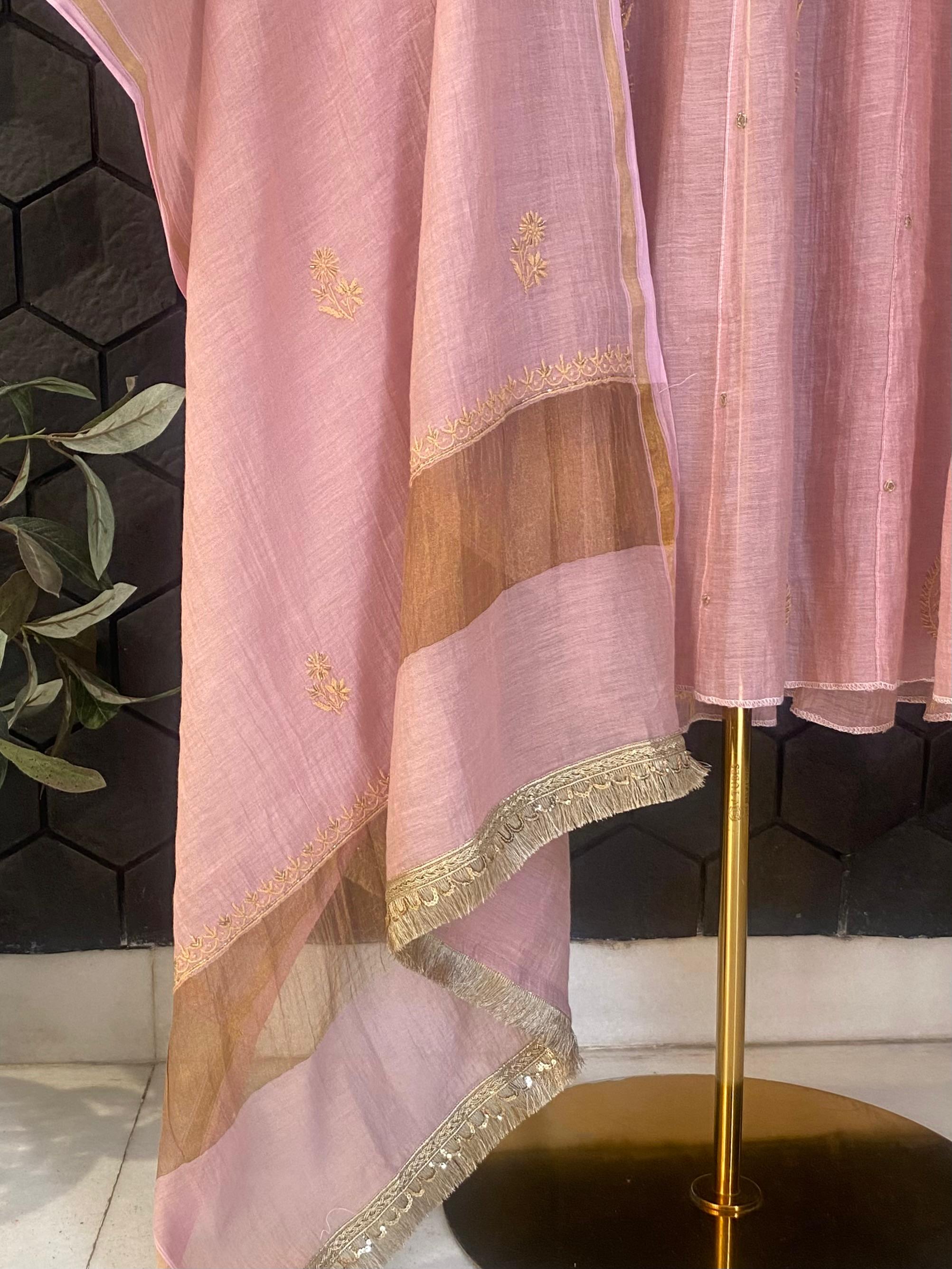 Pink tissue chikankari anarkali set