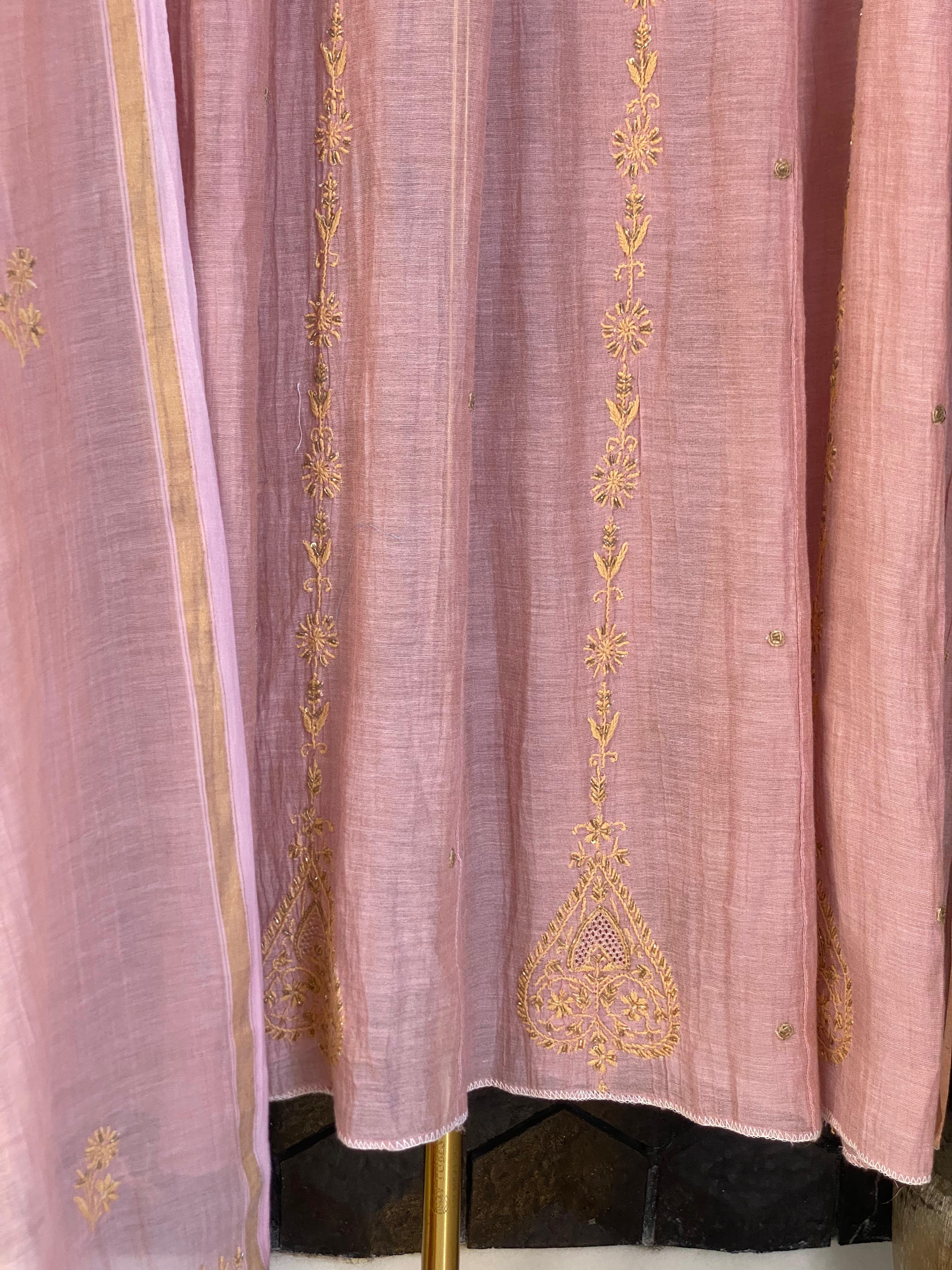 Pink tissue chikankari anarkali set