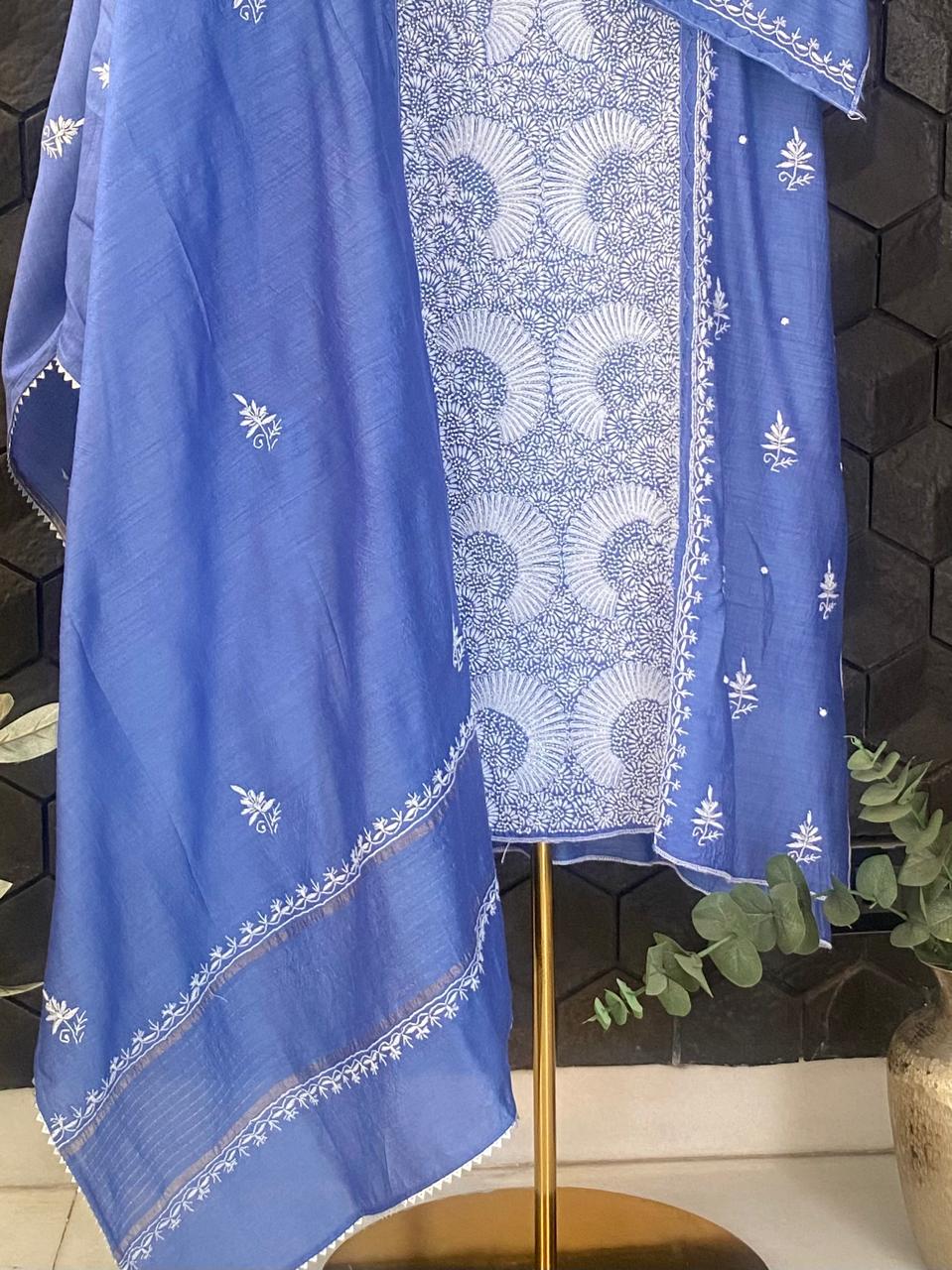 Blue munga silk chikankari kurta set