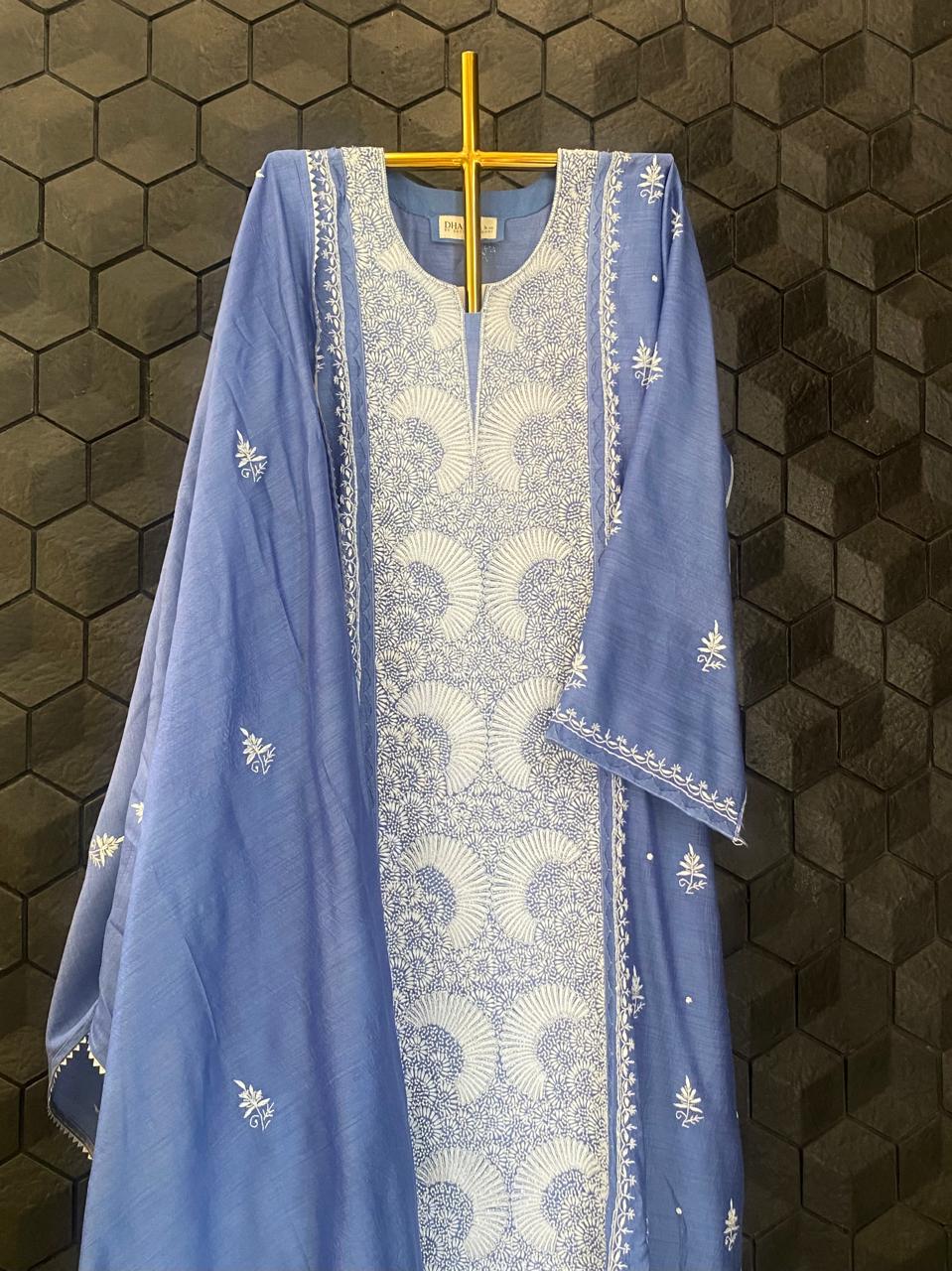 Blue munga silk chikankari kurta set