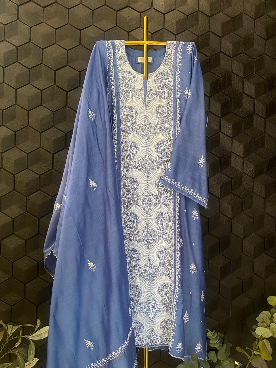 Blue munga silk chikankari kurta set
