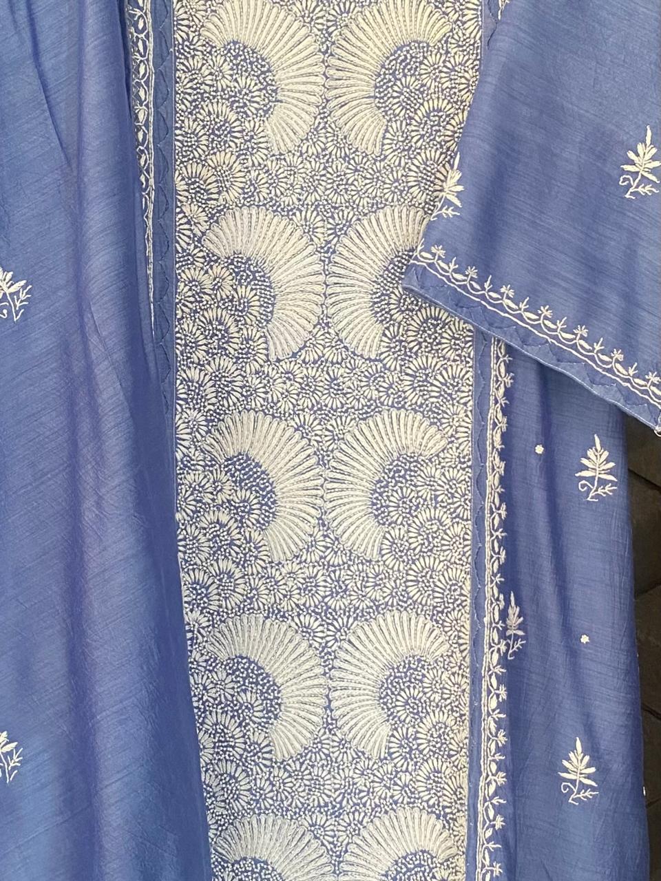 Blue munga silk chikankari kurta set