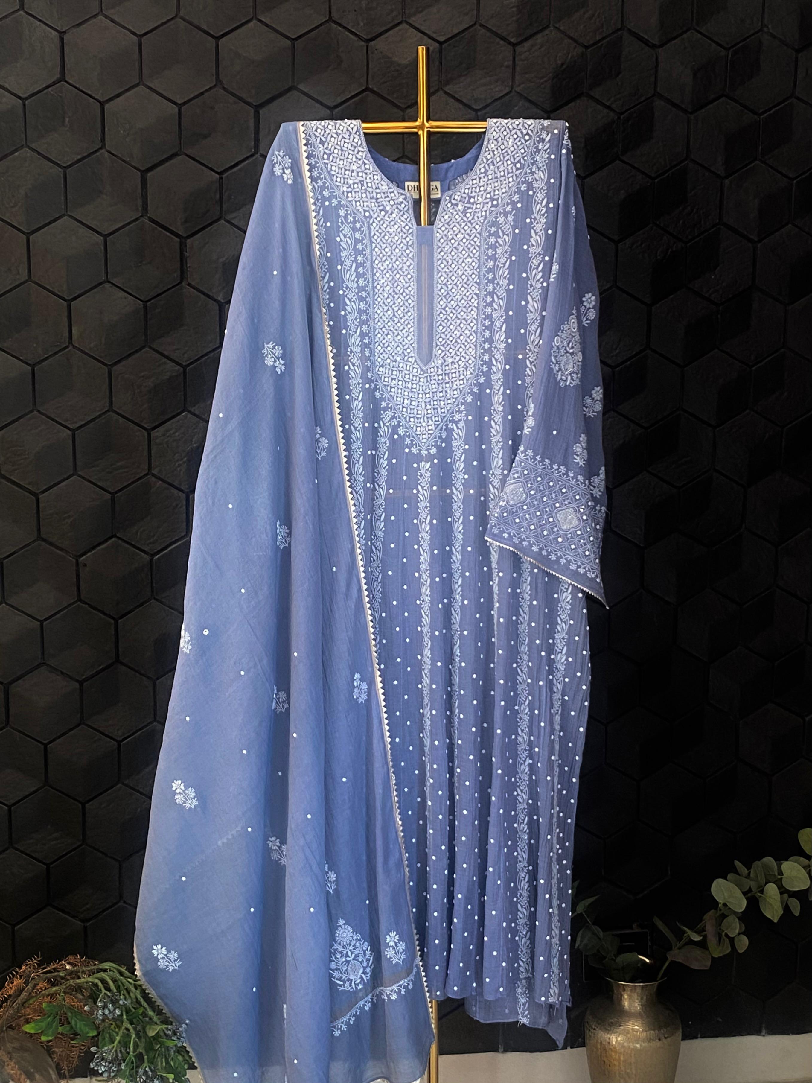 Cobalt Blue tissue chikankari Anarkali set