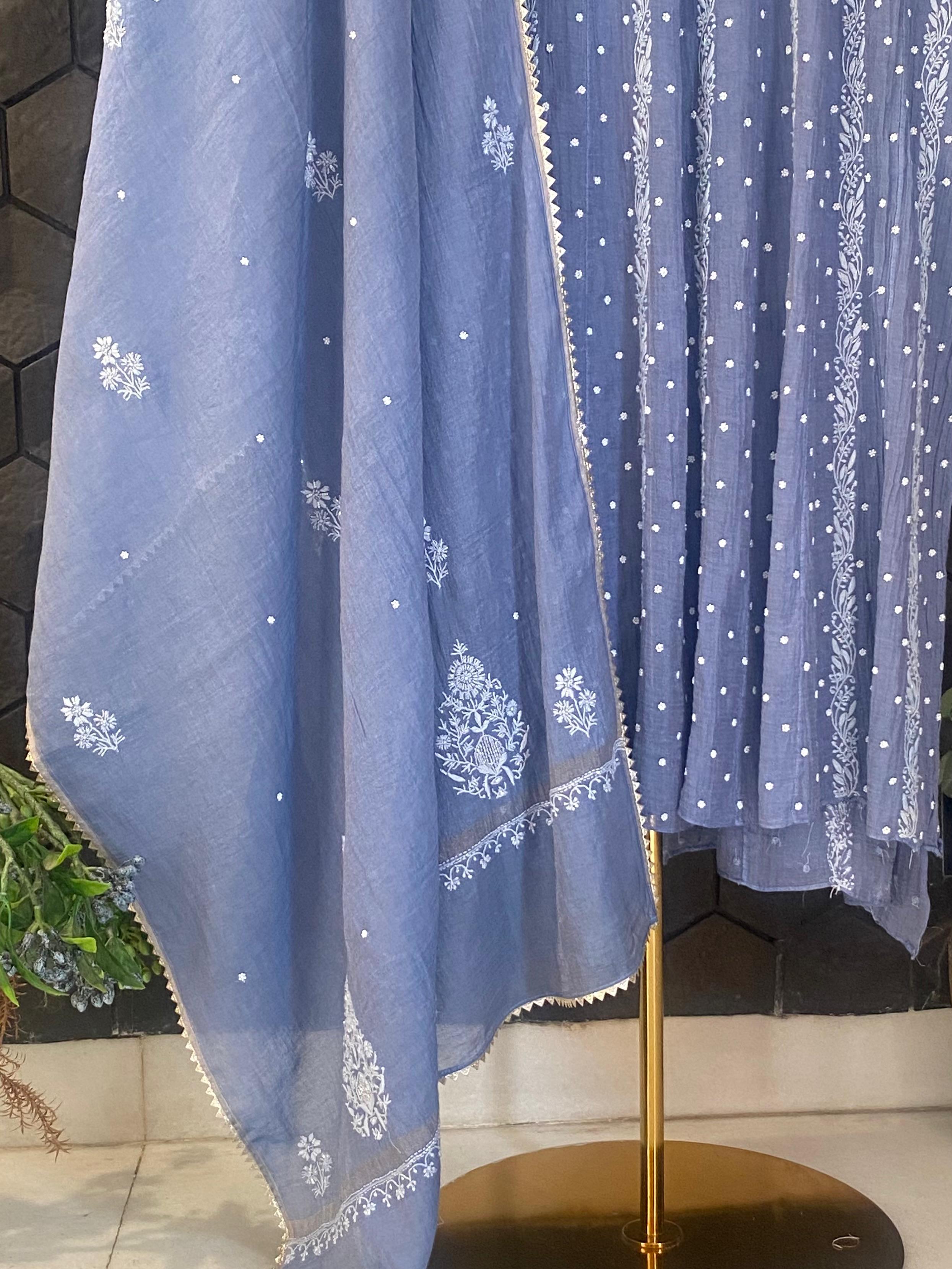 Cobalt Blue tissue chikankari Anarkali set