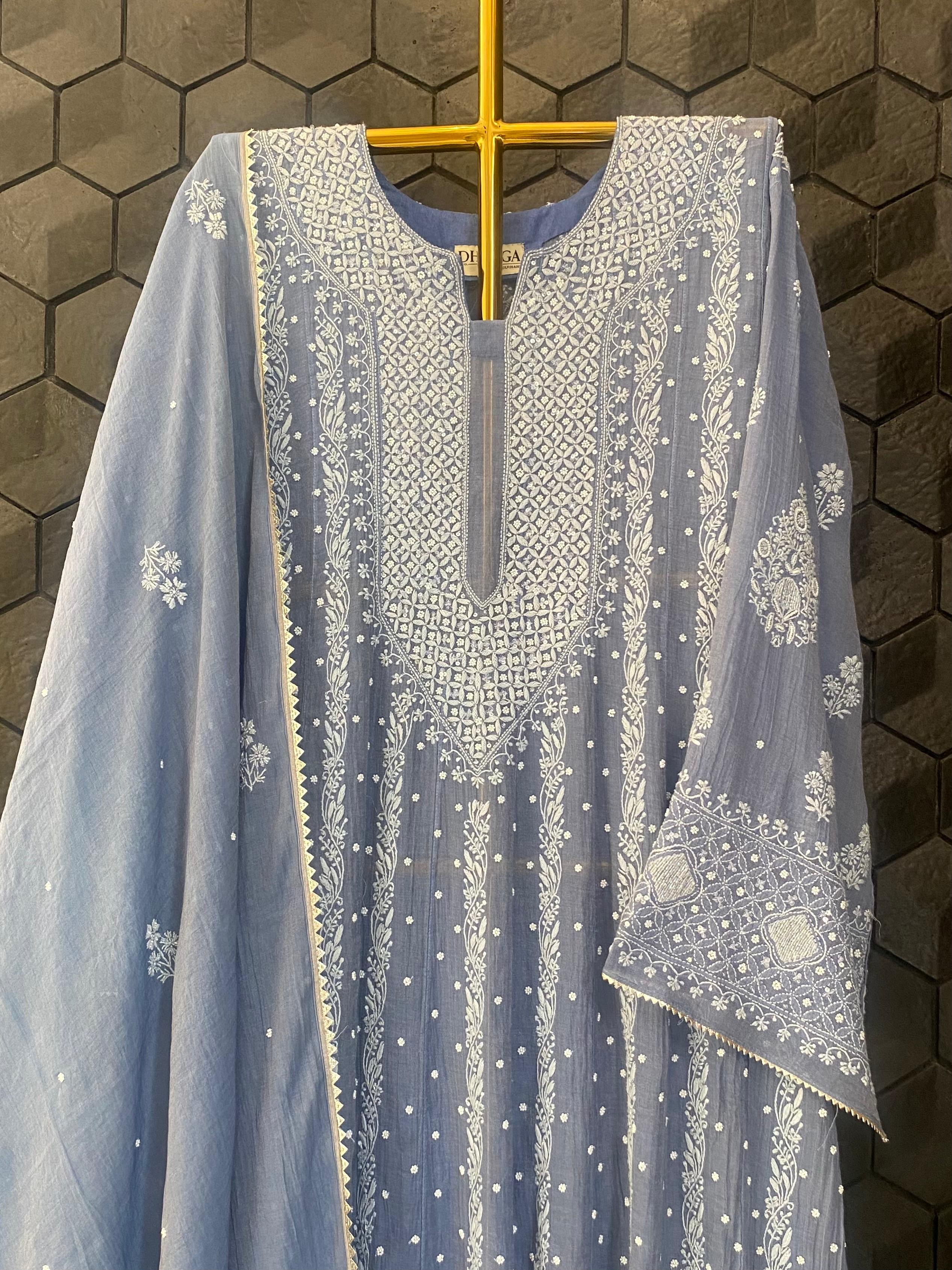 Cobalt Blue tissue chikankari Anarkali set