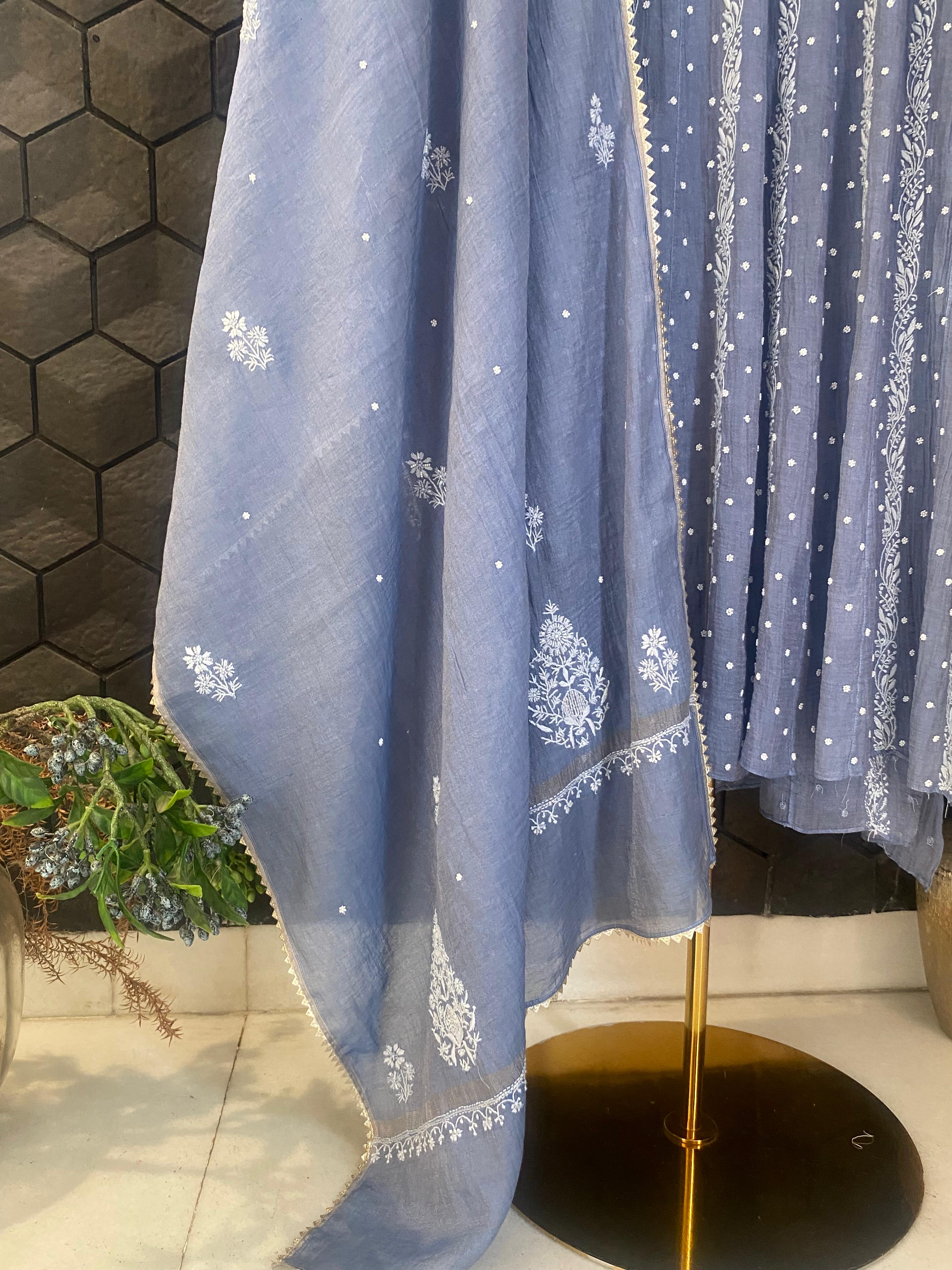 Cobalt Blue tissue chikankari Anarkali set