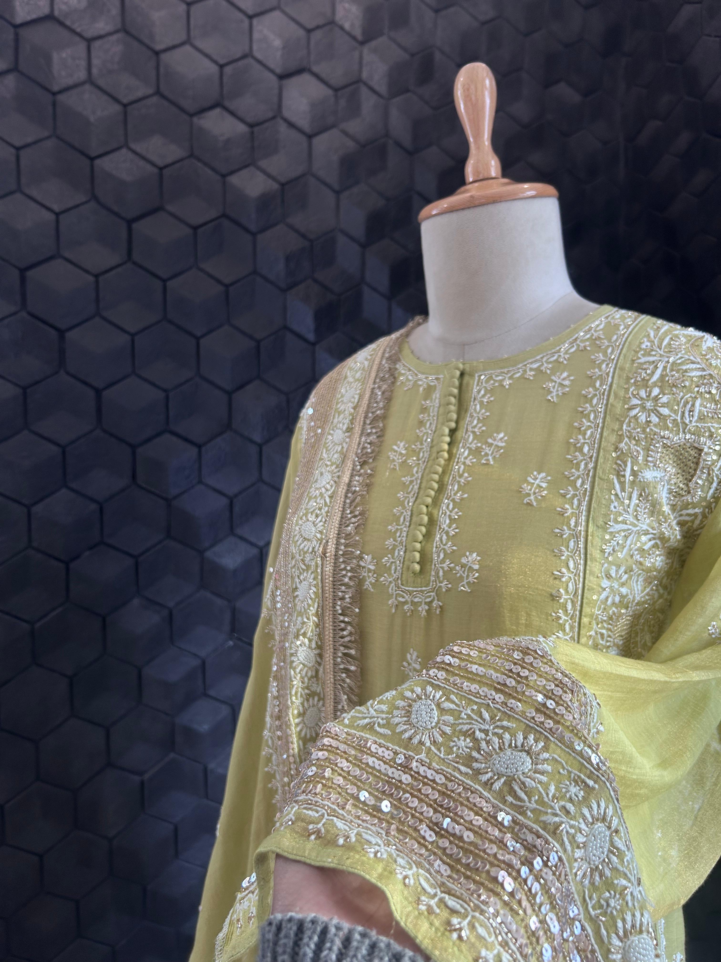 Lime green tissue chikankari kurta set