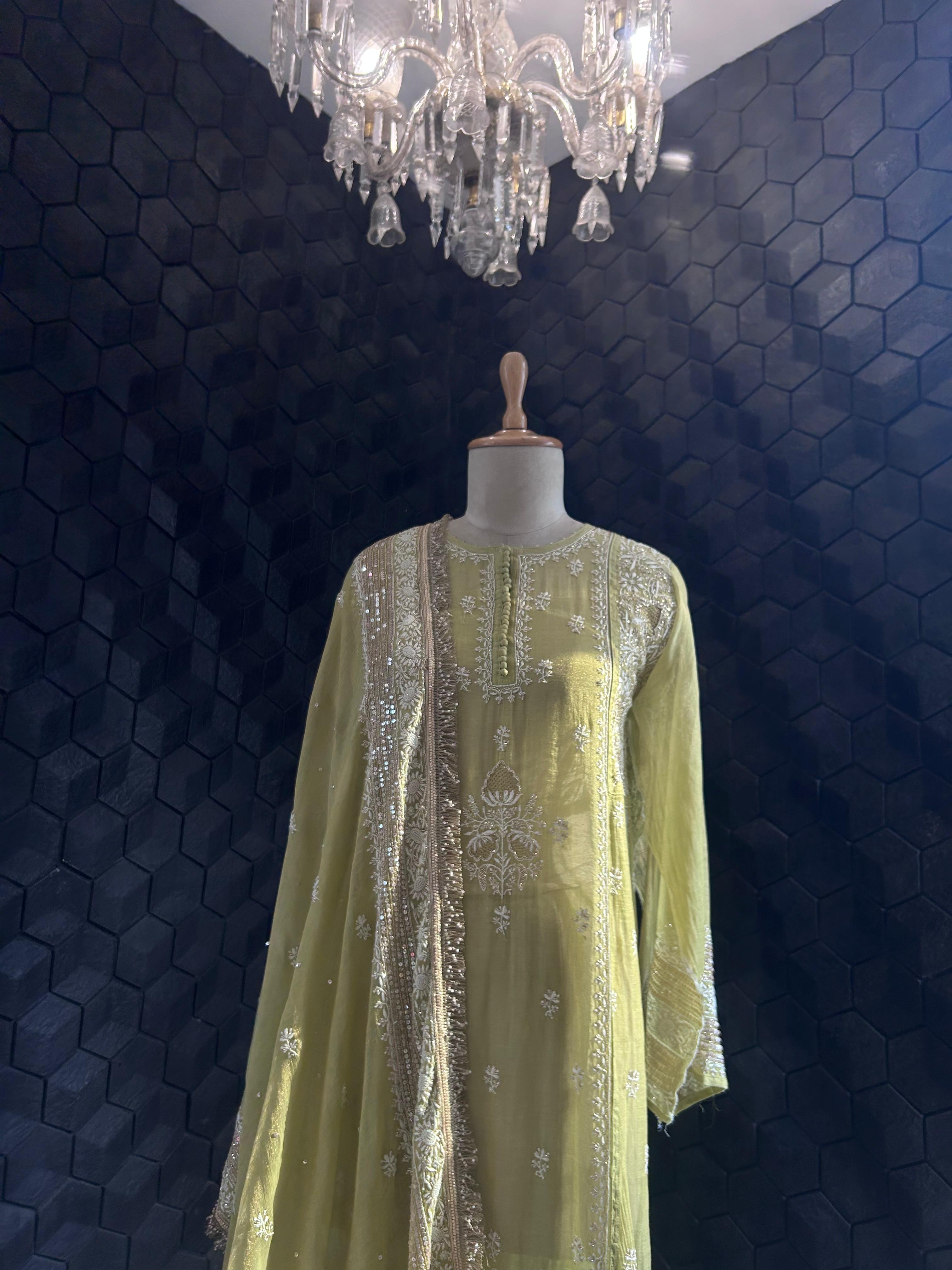 Lime green tissue chikankari kurta set