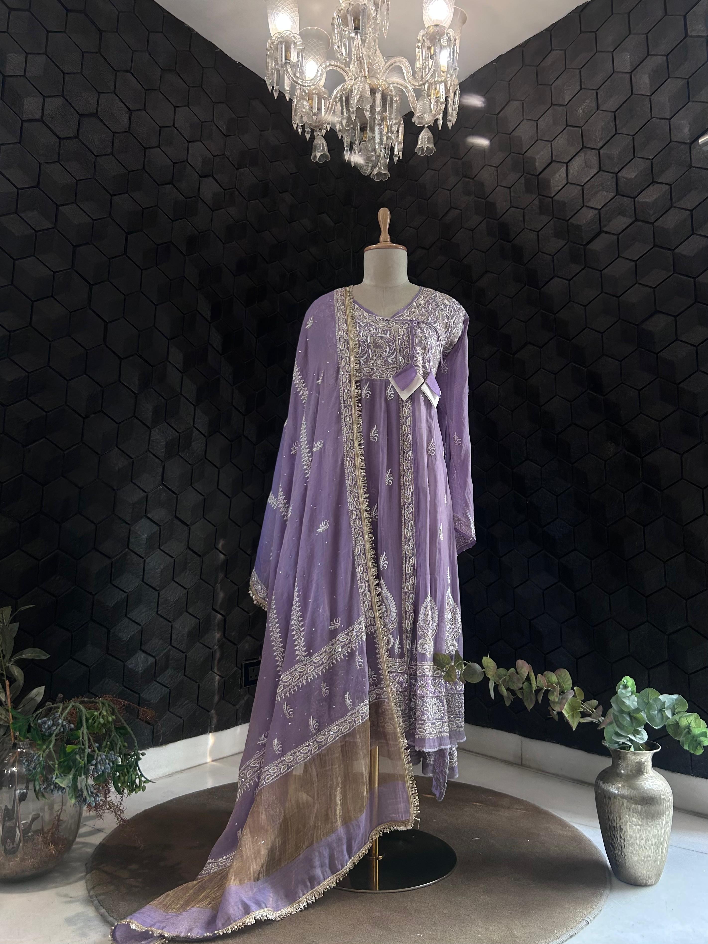 Purple tissue chikankari anarkali set