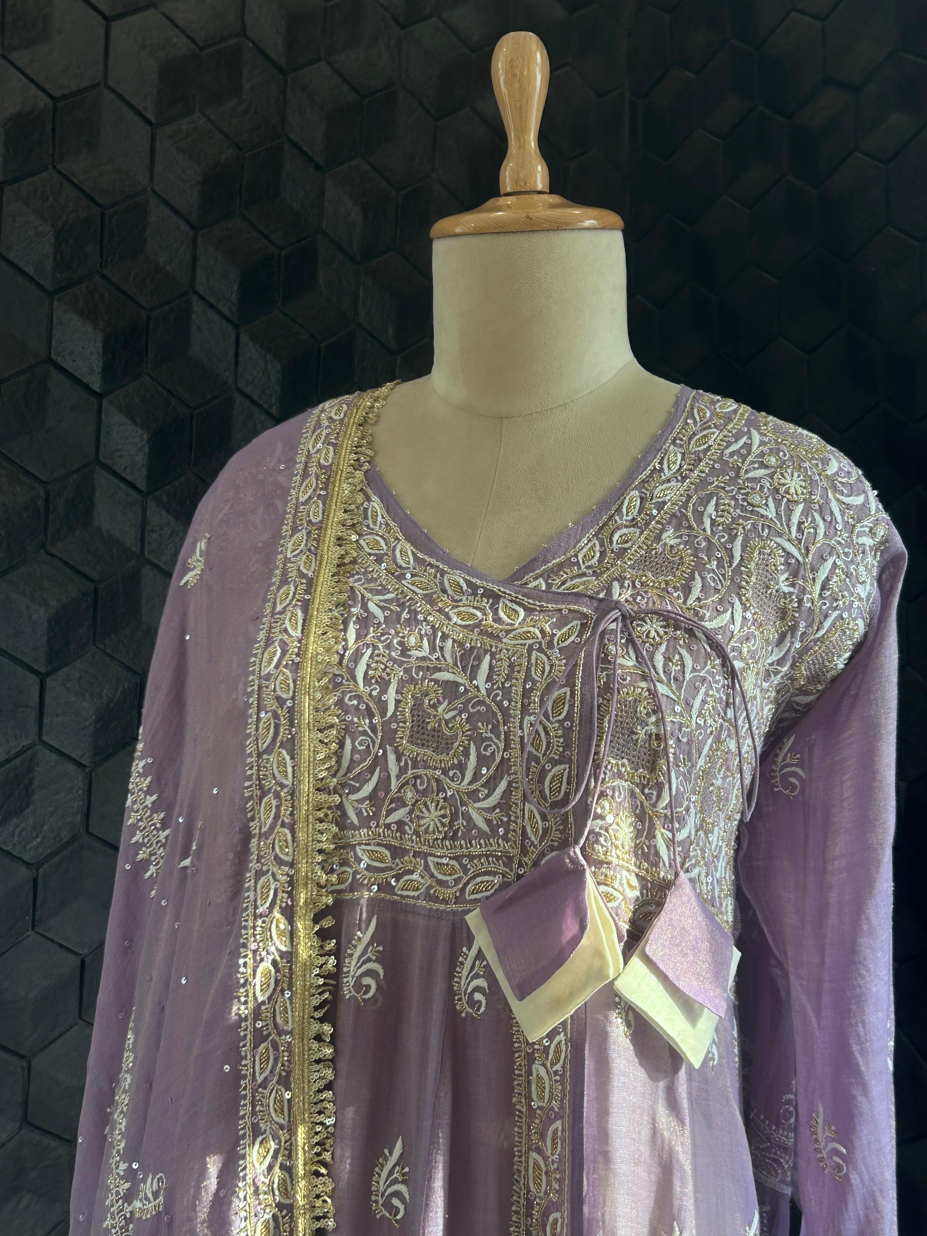 Purple tissue chikankari anarkali set