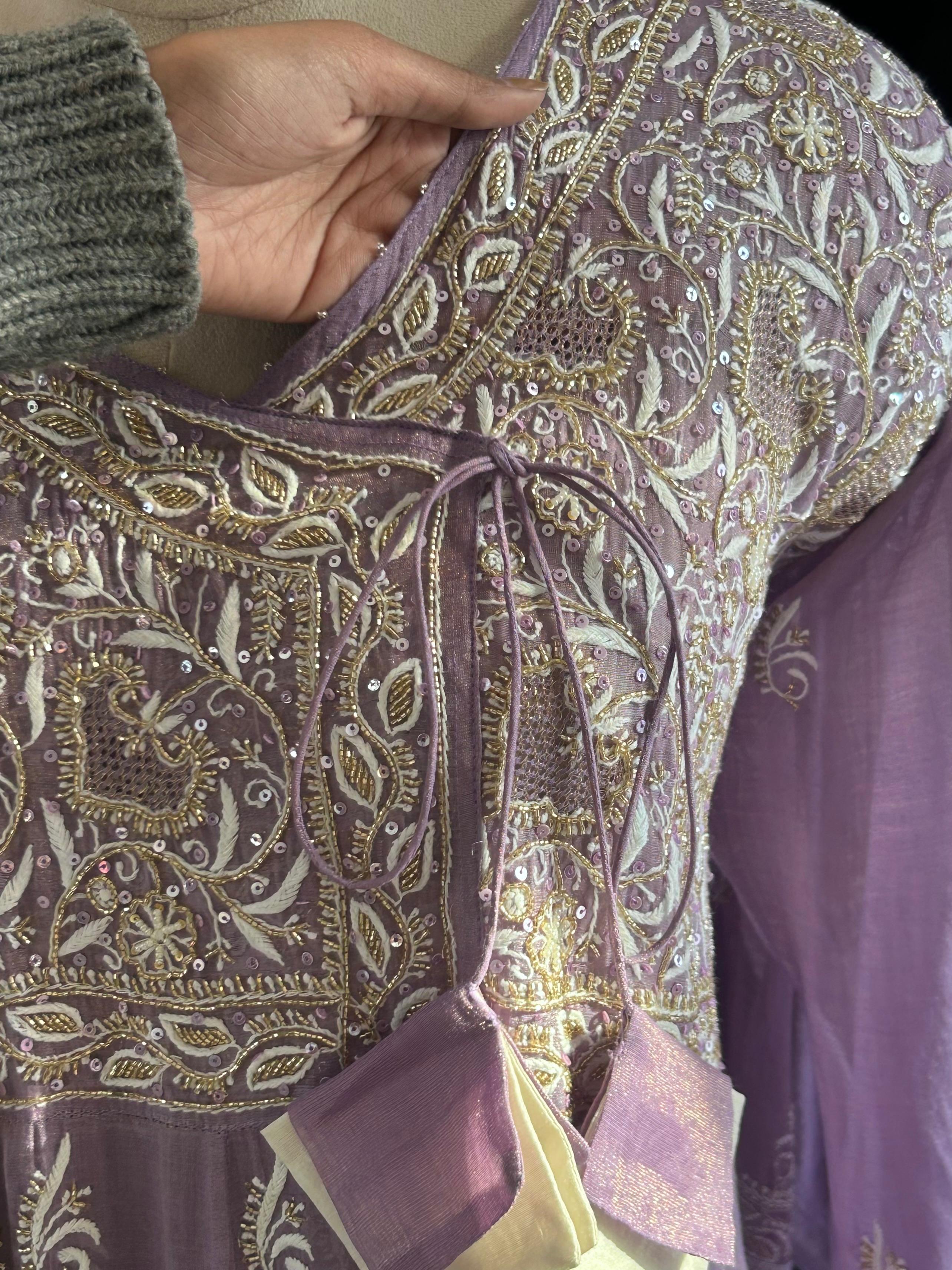 Purple tissue chikankari anarkali set