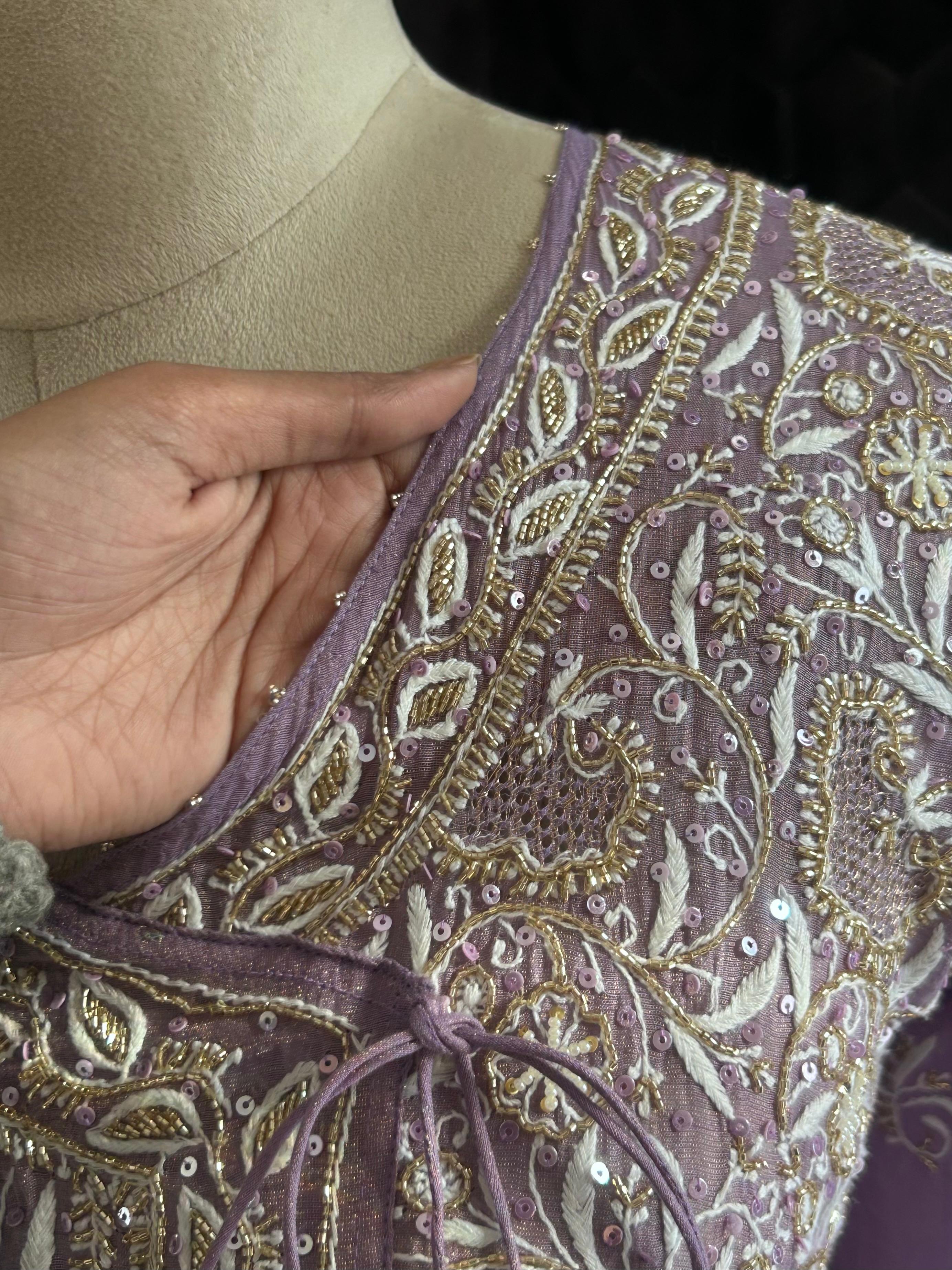 Purple tissue chikankari anarkali set