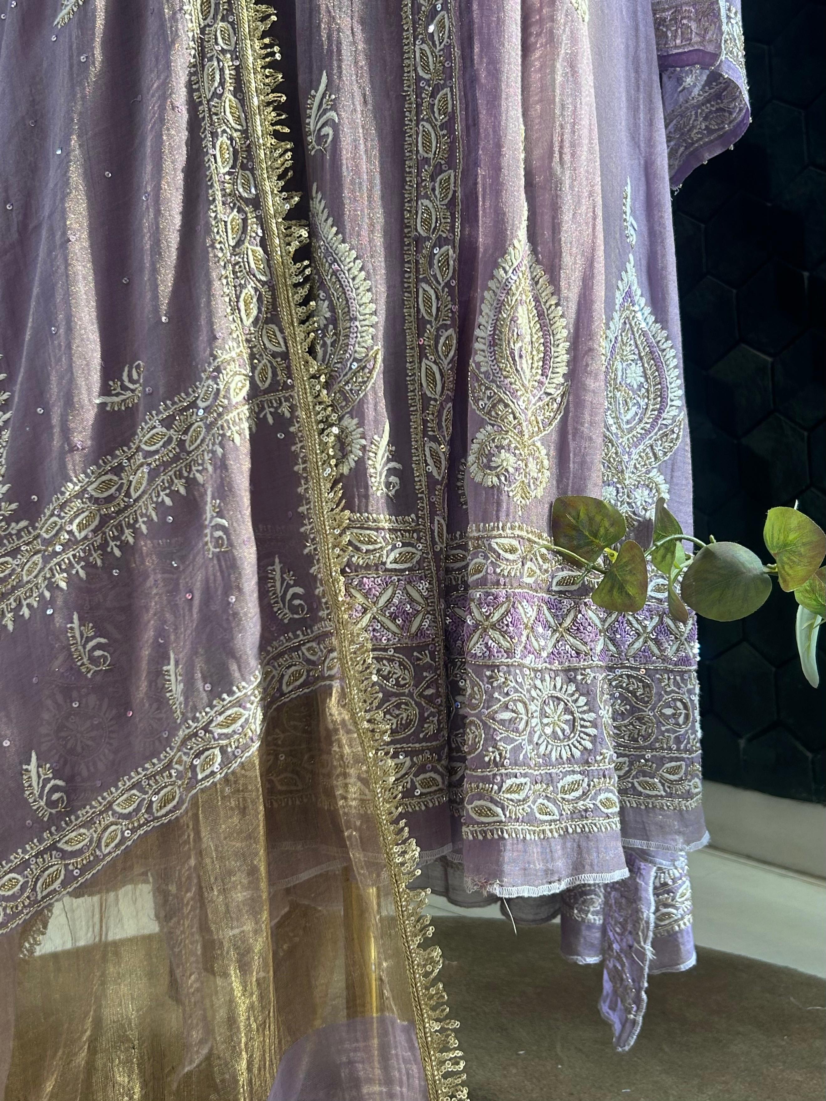 Purple tissue chikankari anarkali set