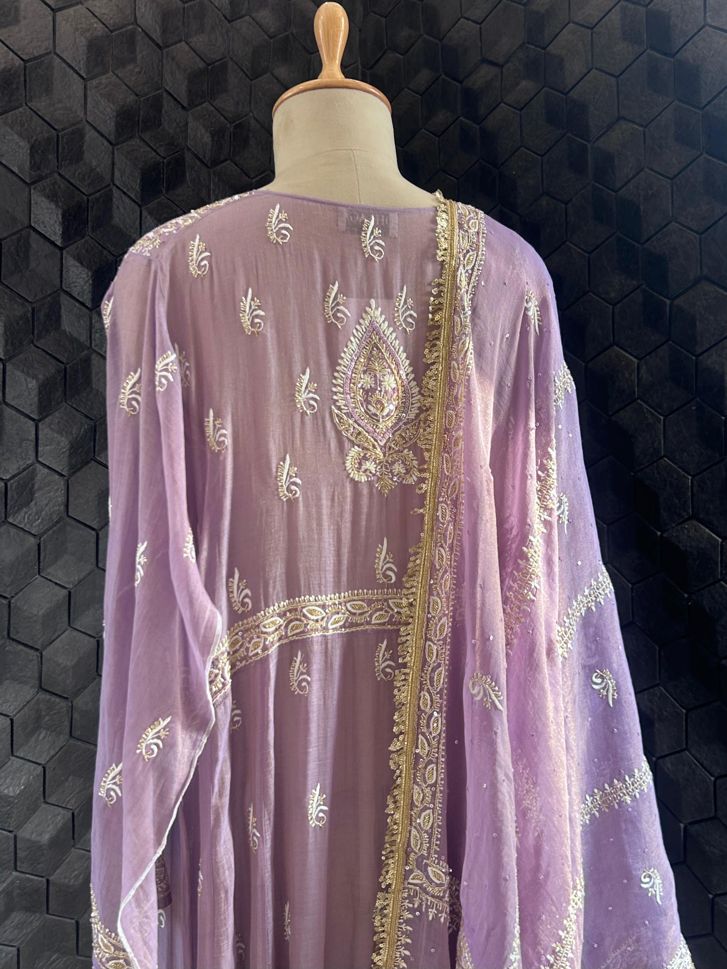 Purple tissue chikankari anarkali set