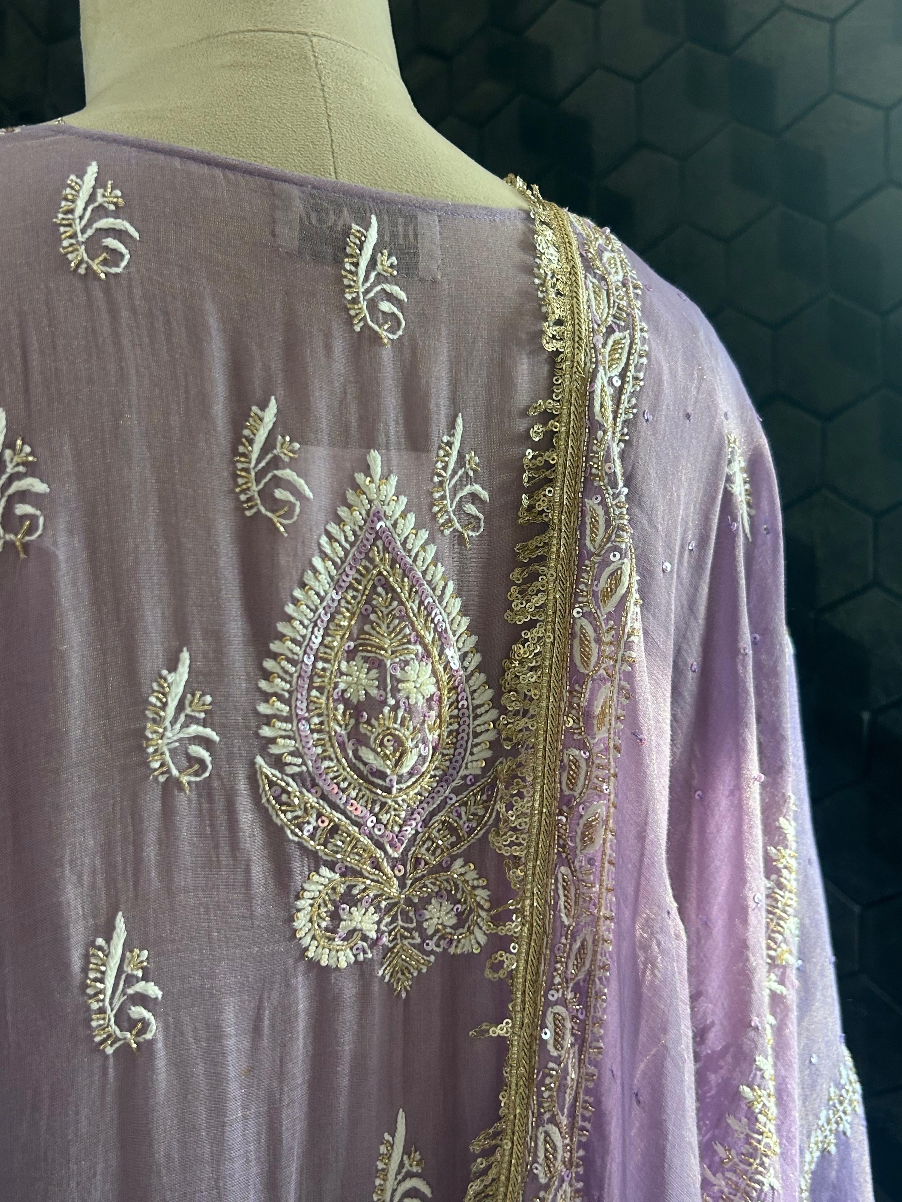 Purple tissue chikankari anarkali set