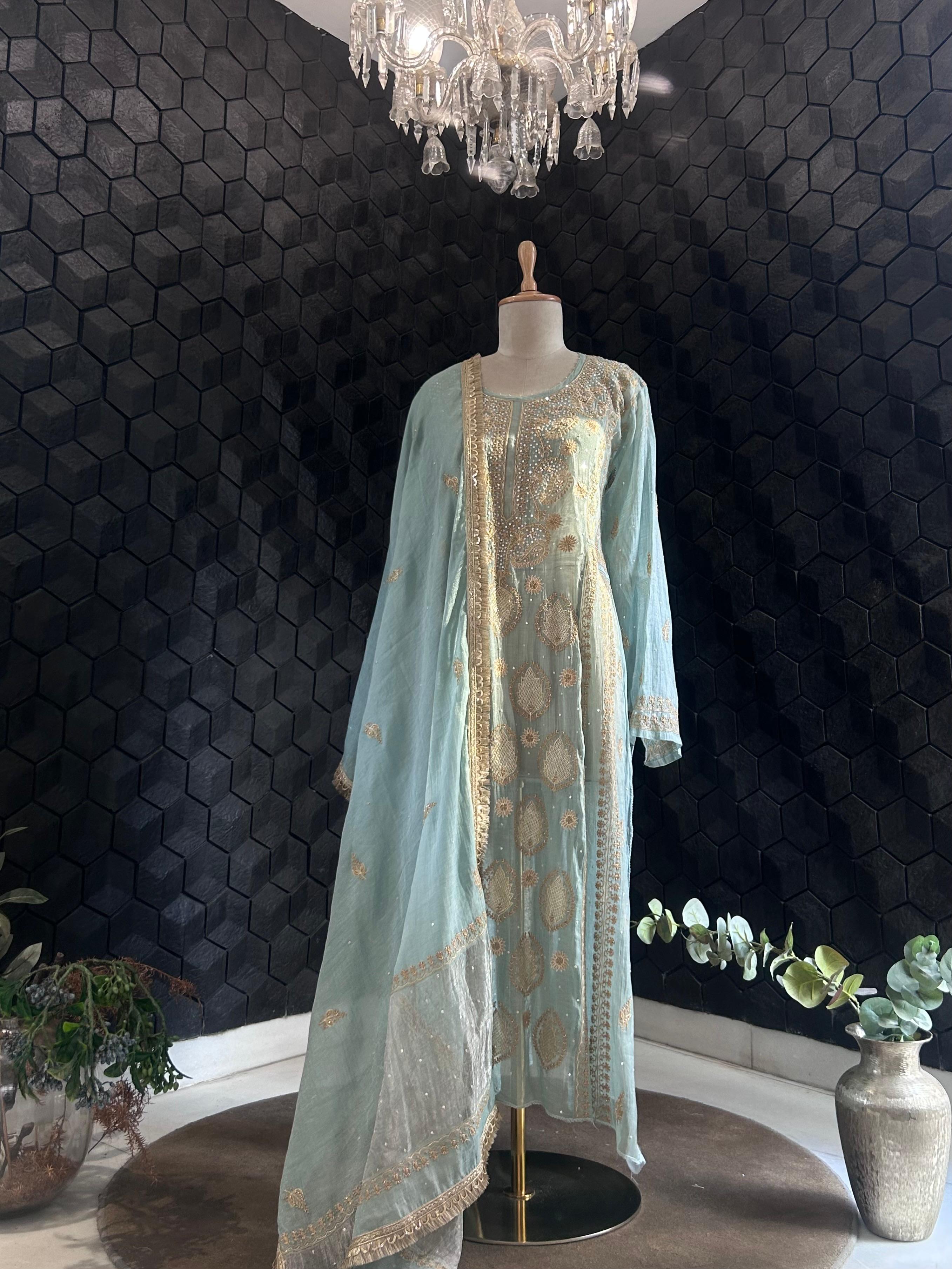 Aqua tissue chikankari kurta set