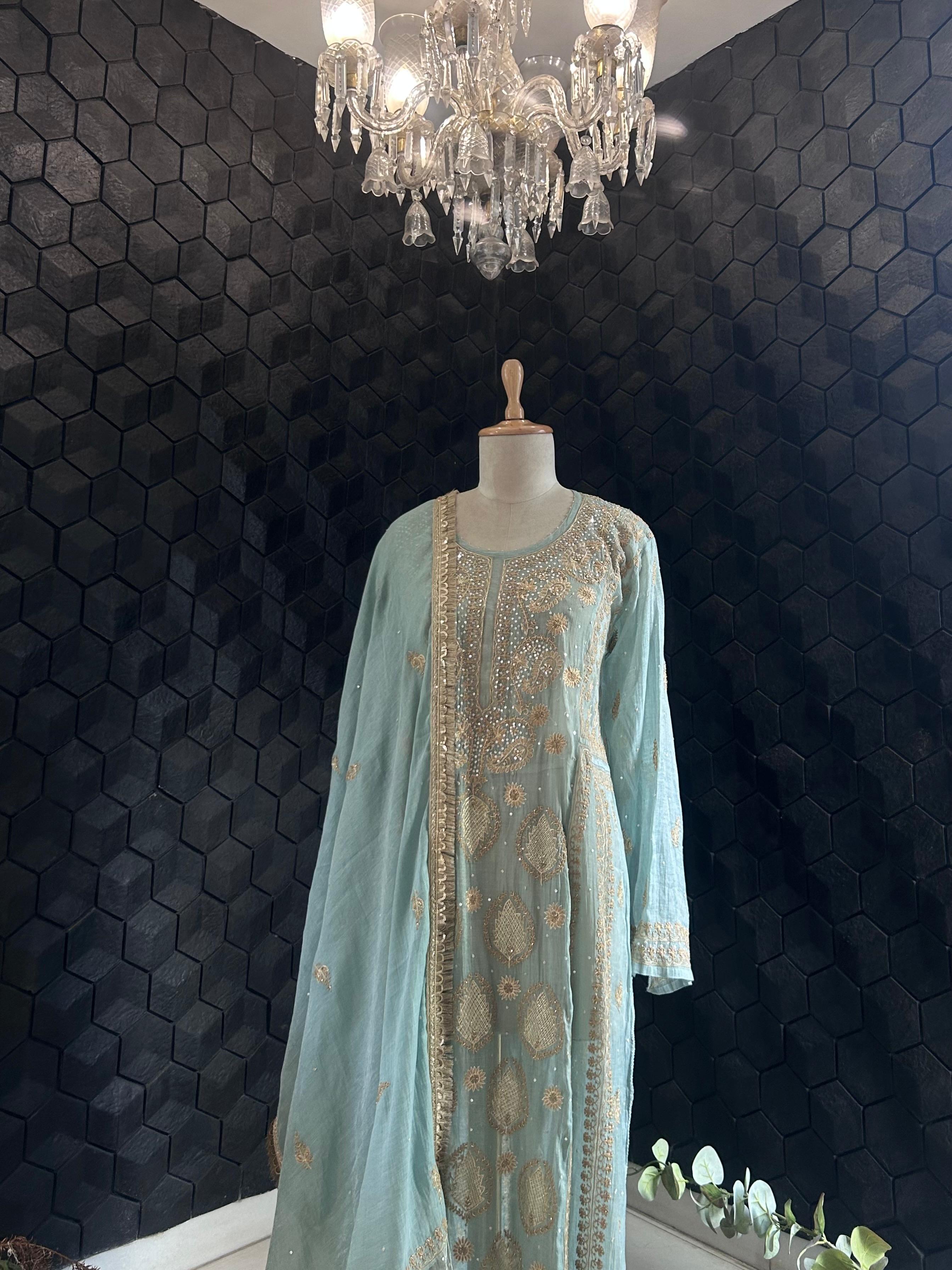Aqua tissue chikankari kurta set