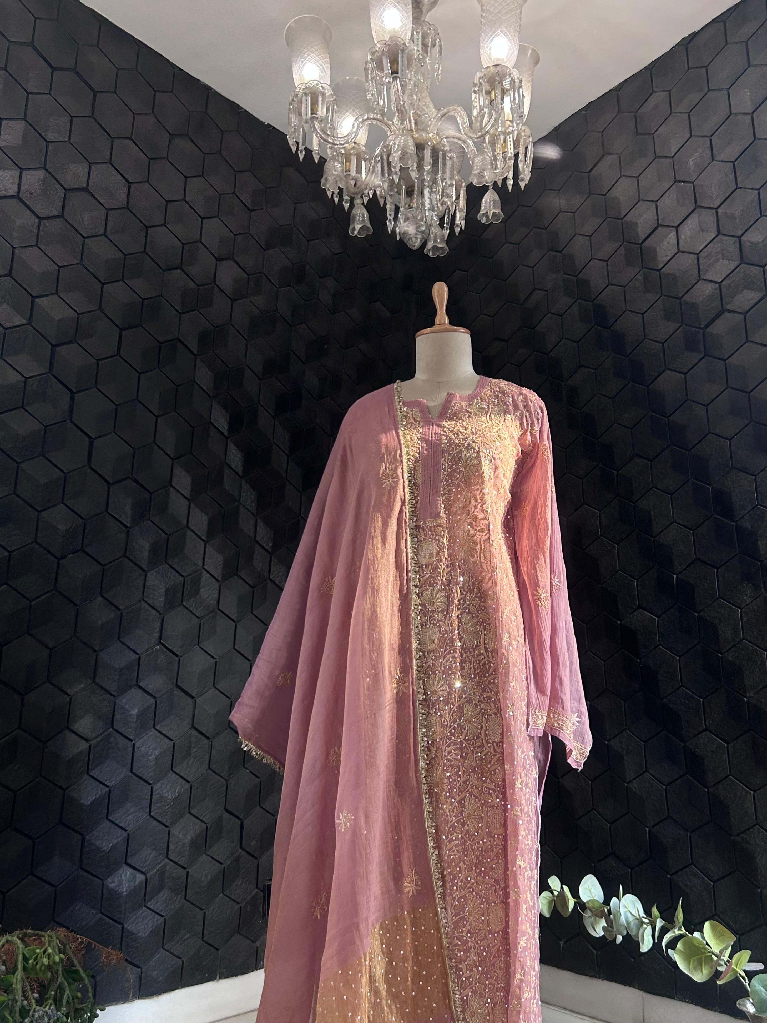 Pink tissue chikankari kurta set