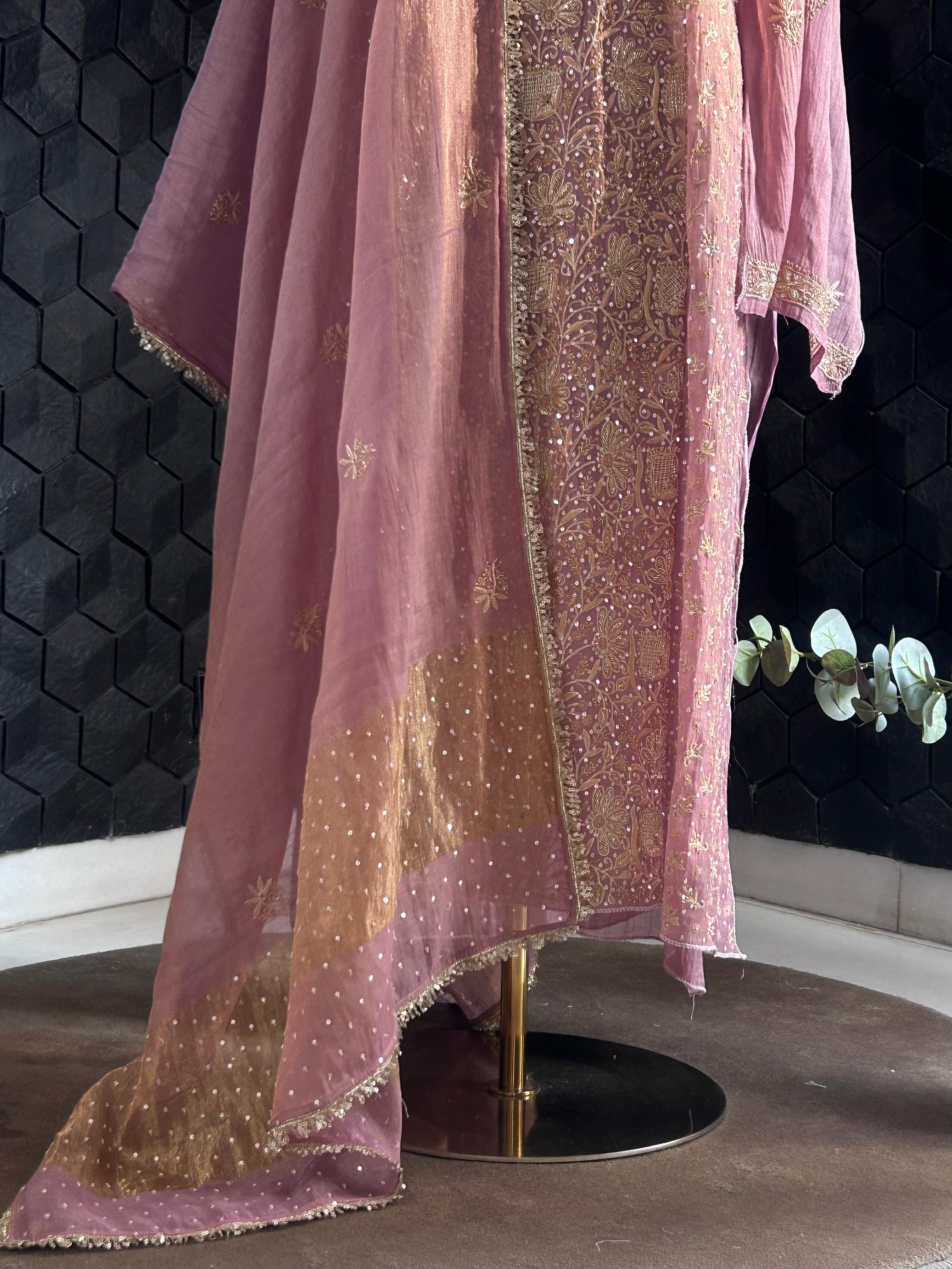 Pink tissue chikankari kurta set