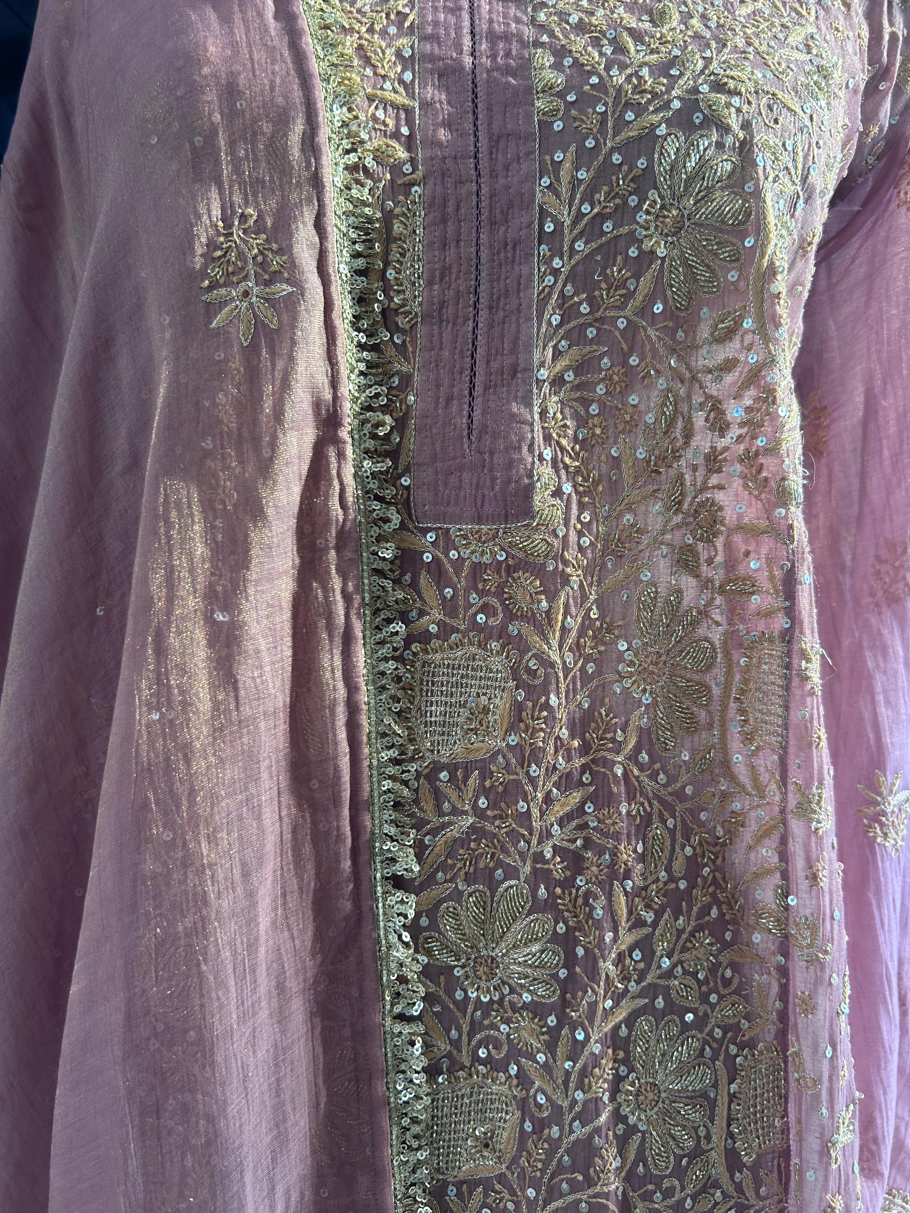 Pink tissue chikankari kurta set