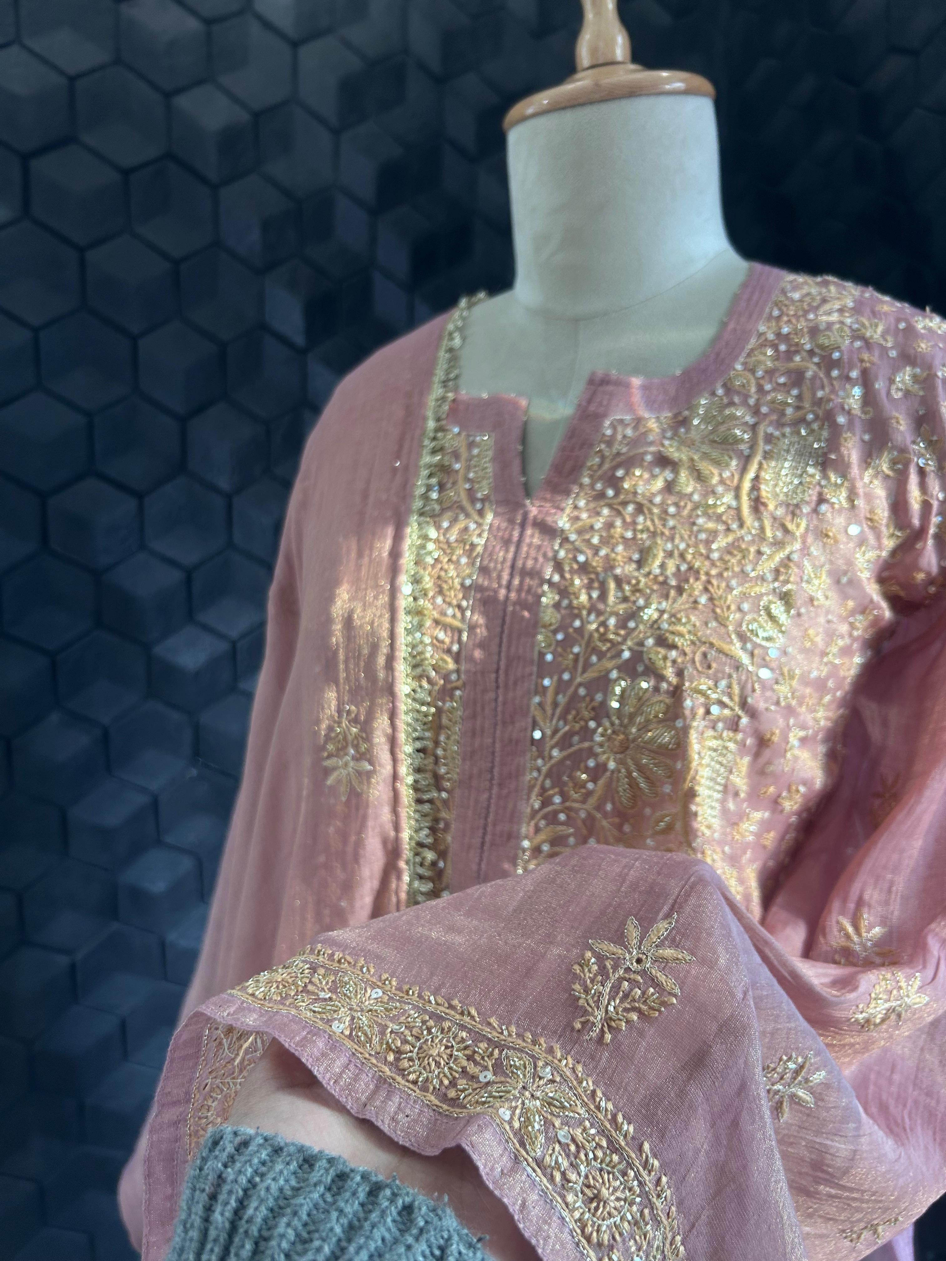 Pink tissue chikankari kurta set