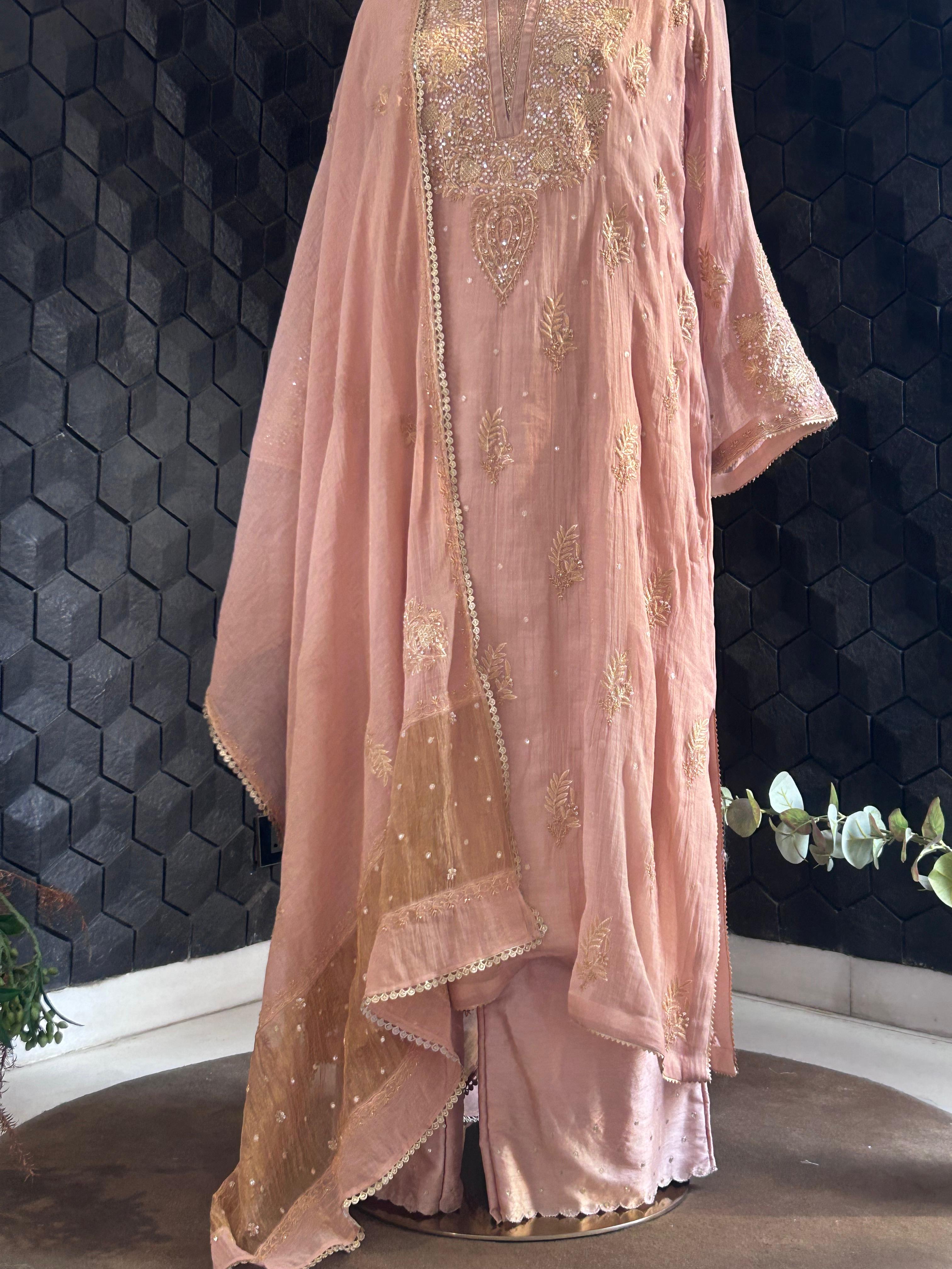 Peach tissue chikankari kurta set