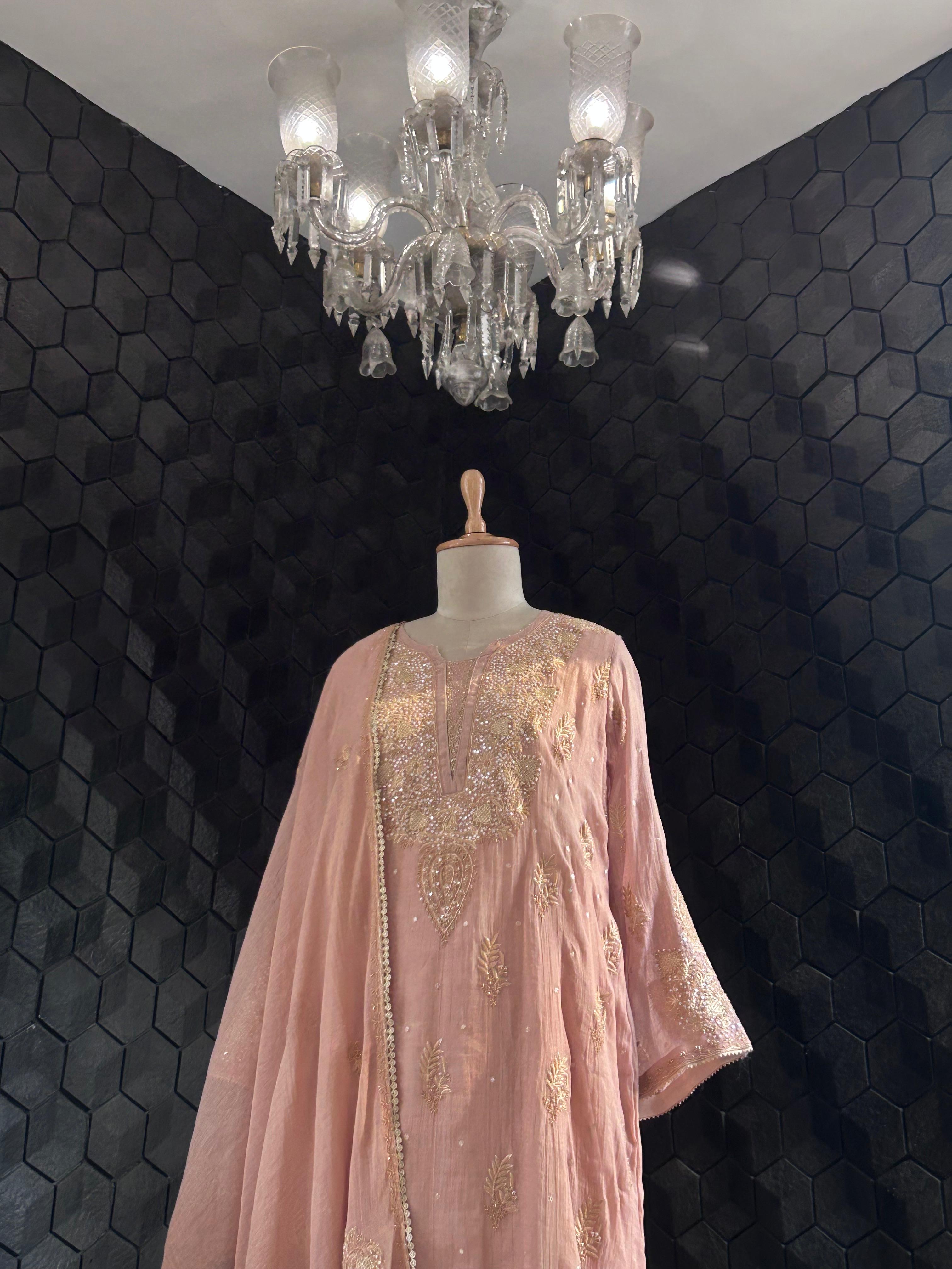 Peach tissue chikankari kurta set