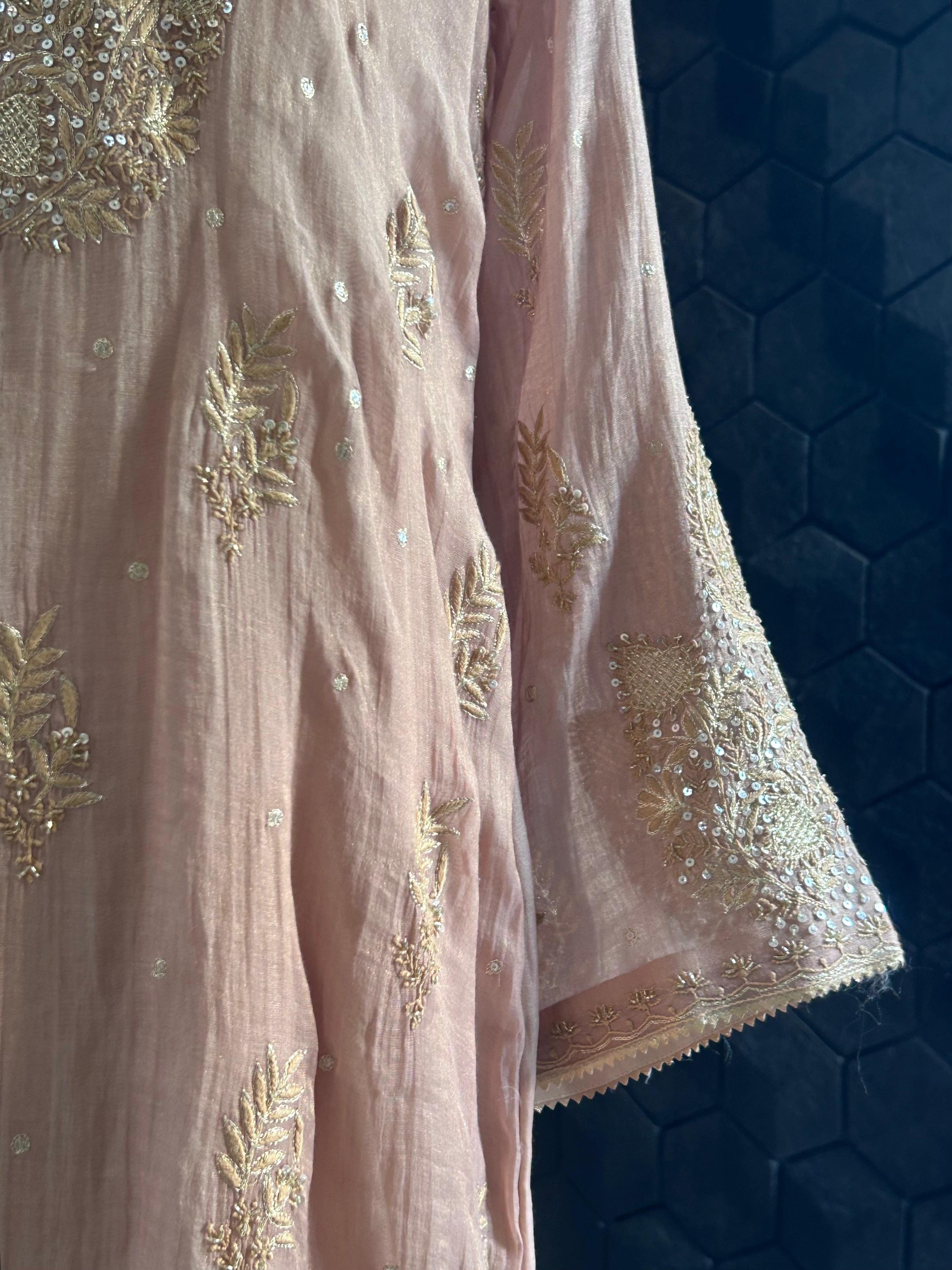 Peach tissue chikankari kurta set
