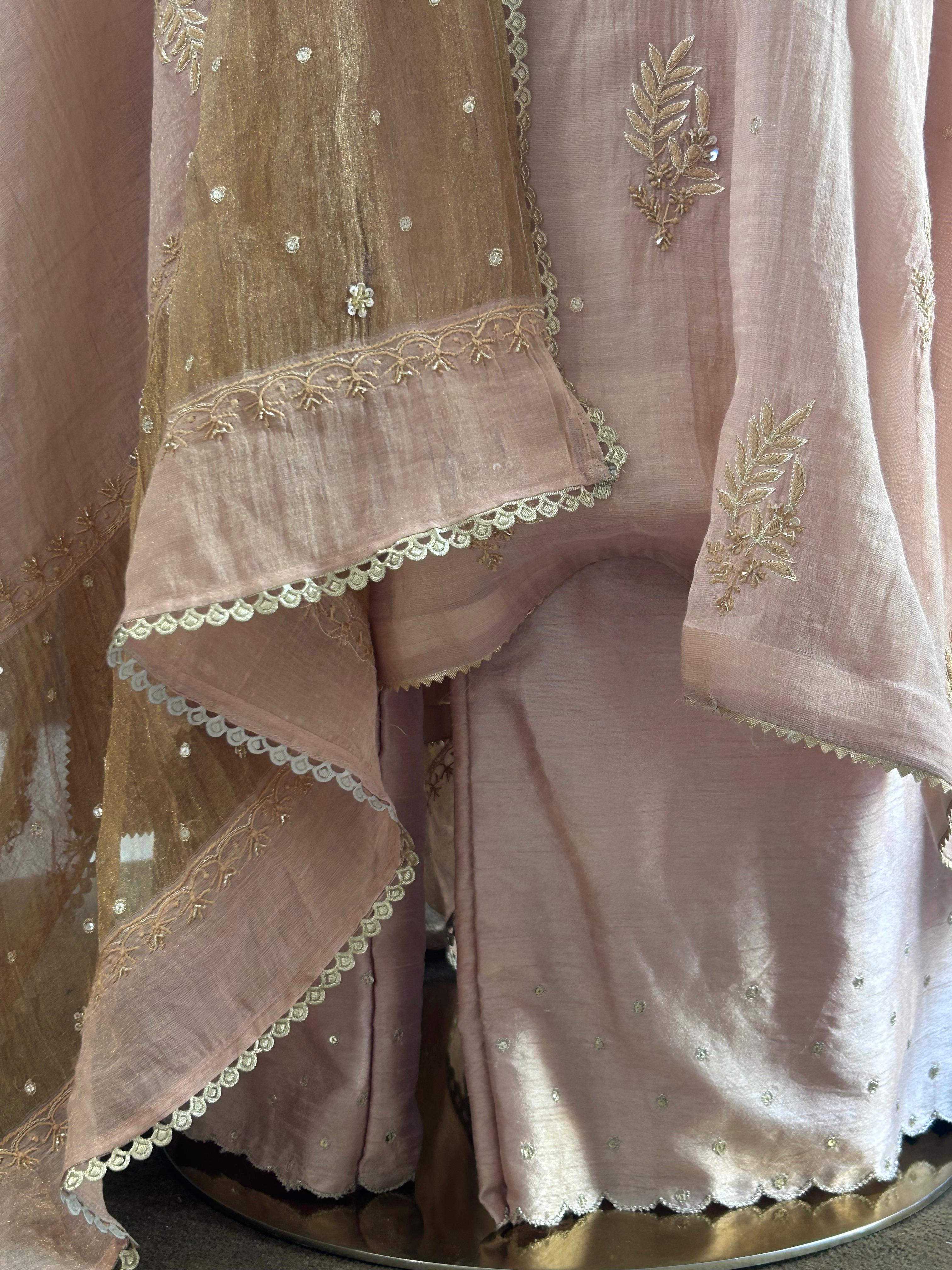 Peach tissue chikankari kurta set