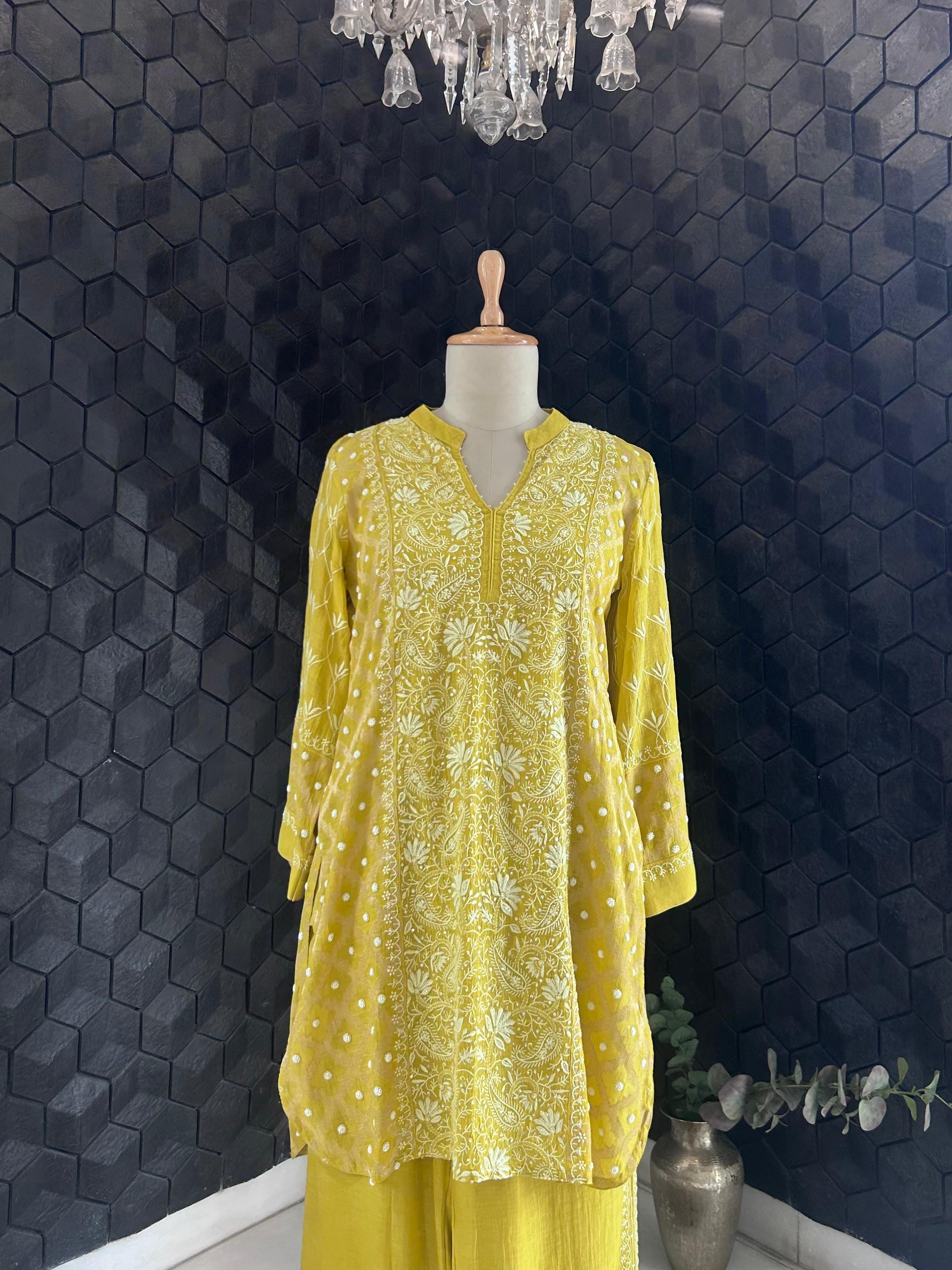 Lime Green Golden Tissue Chikankari Co-ord Set
