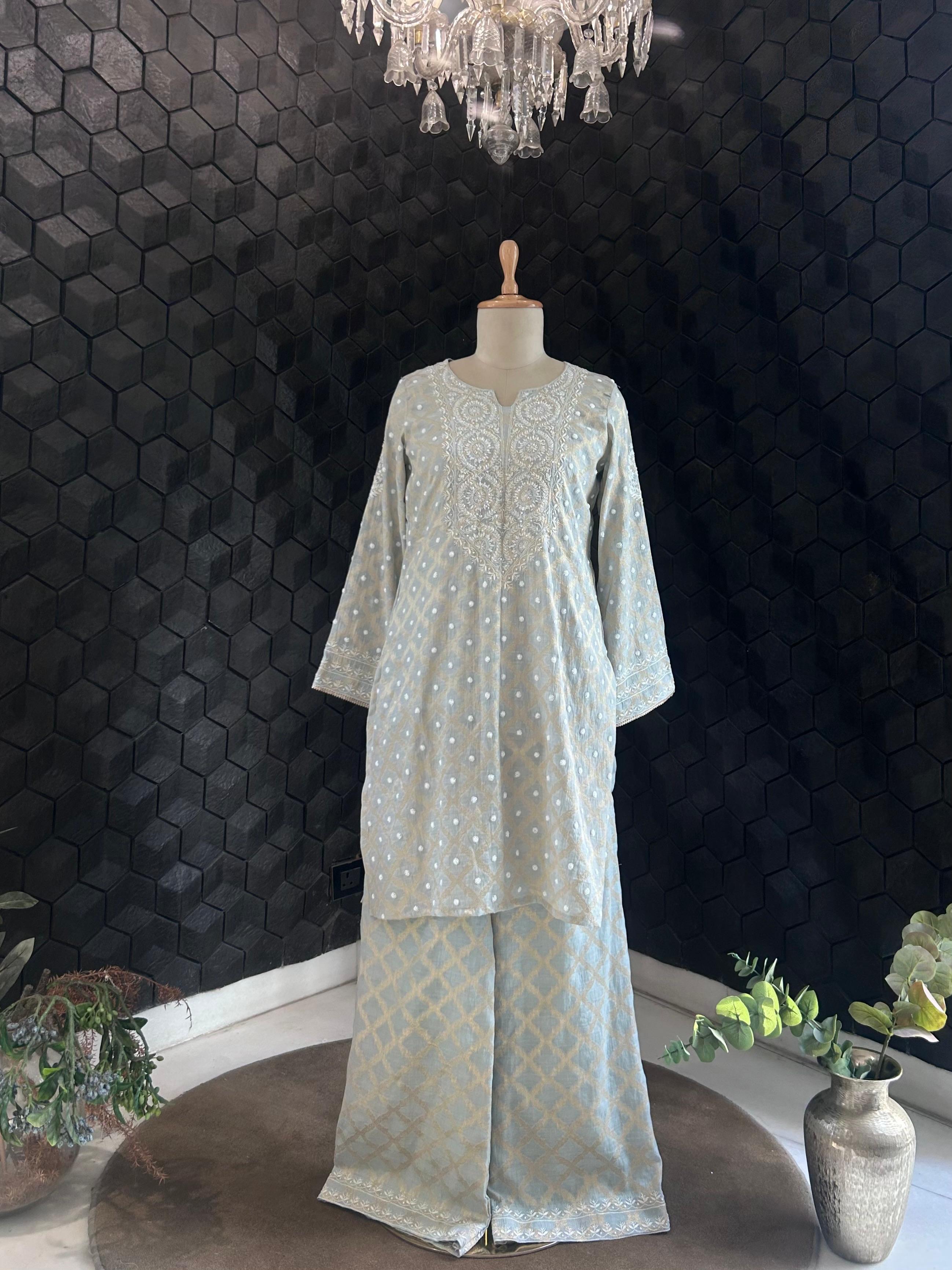 Grey Silver Tissue Chikankari Co-ord Set