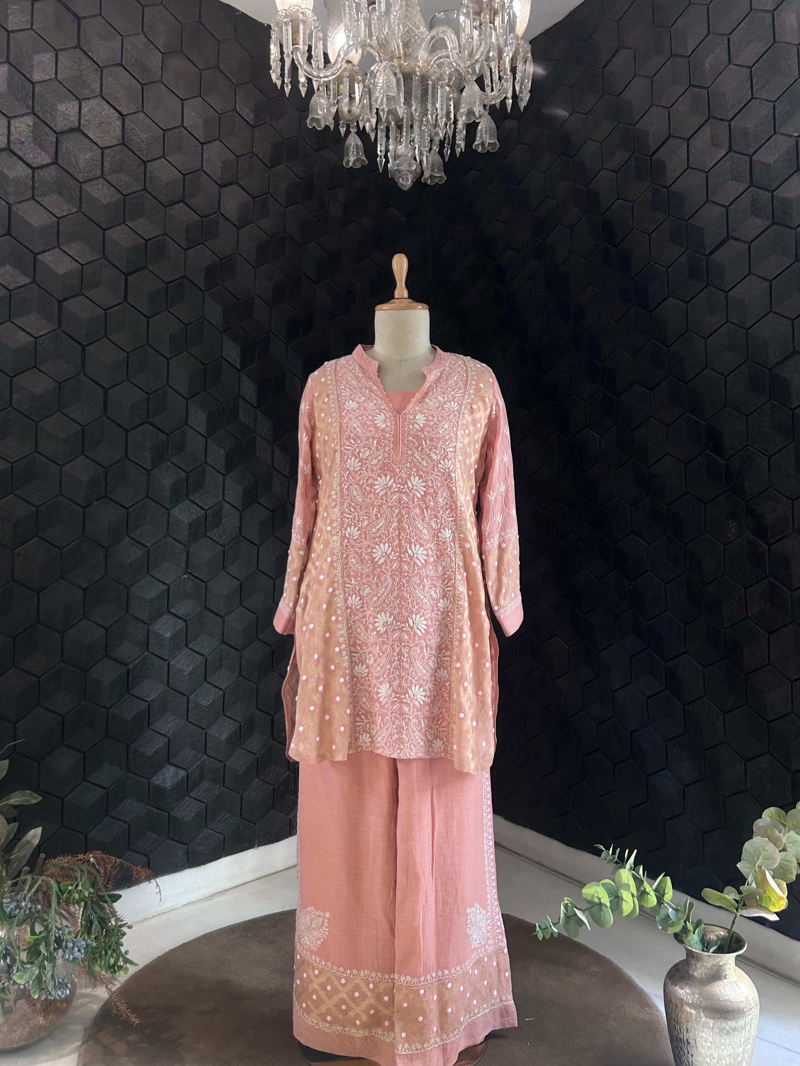 Pink Silver Tissue Chikankari Co-ord Set
