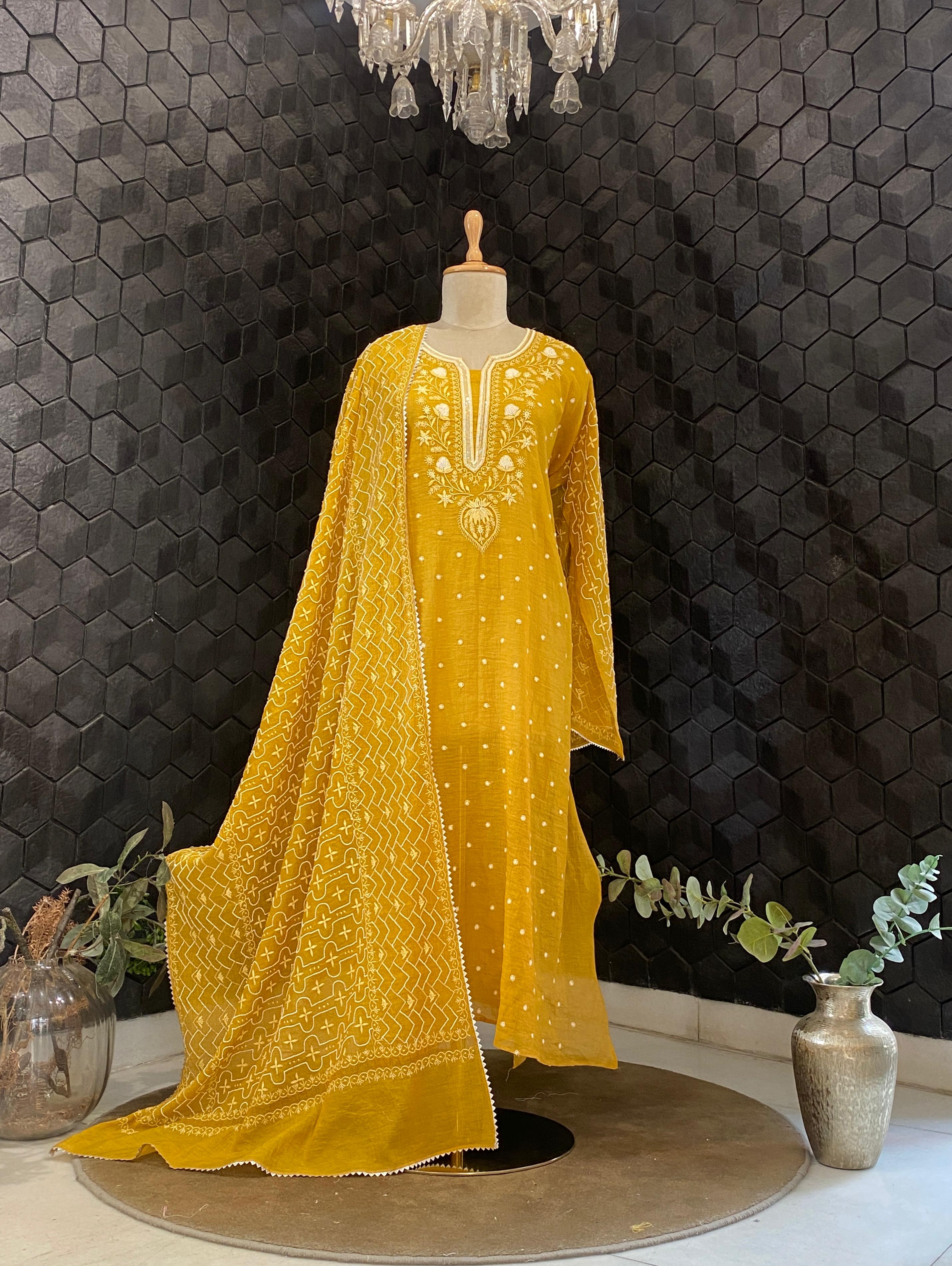 Mustard Golden Tissue Chikankari Kurta Set