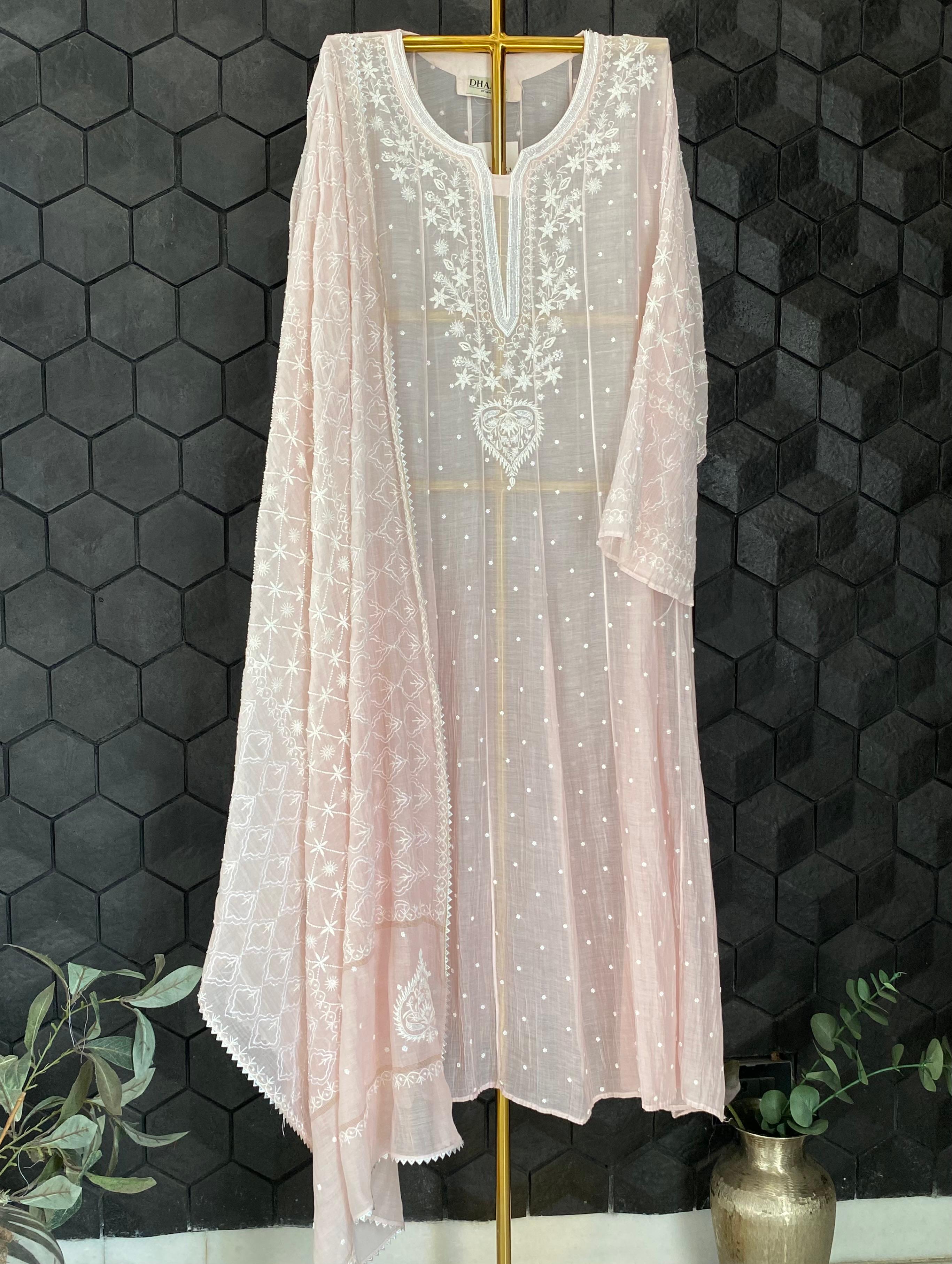 Pink Mul Chanderi Chikankari Anarkali Set